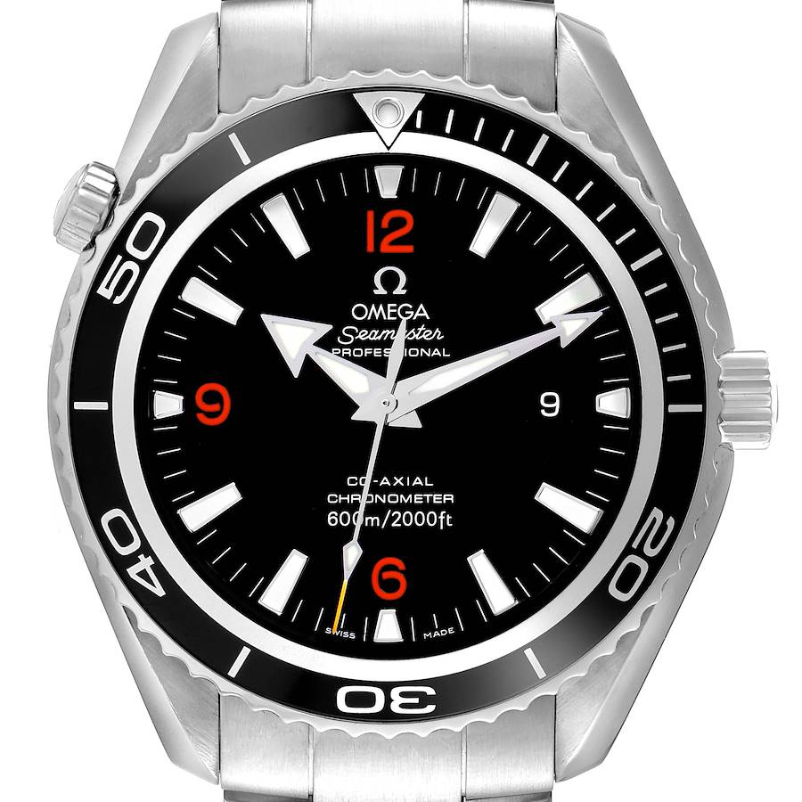 The Omega Planet Ocean watch is shown from a frontal angle, highlighting its dial, bezel, and crown.