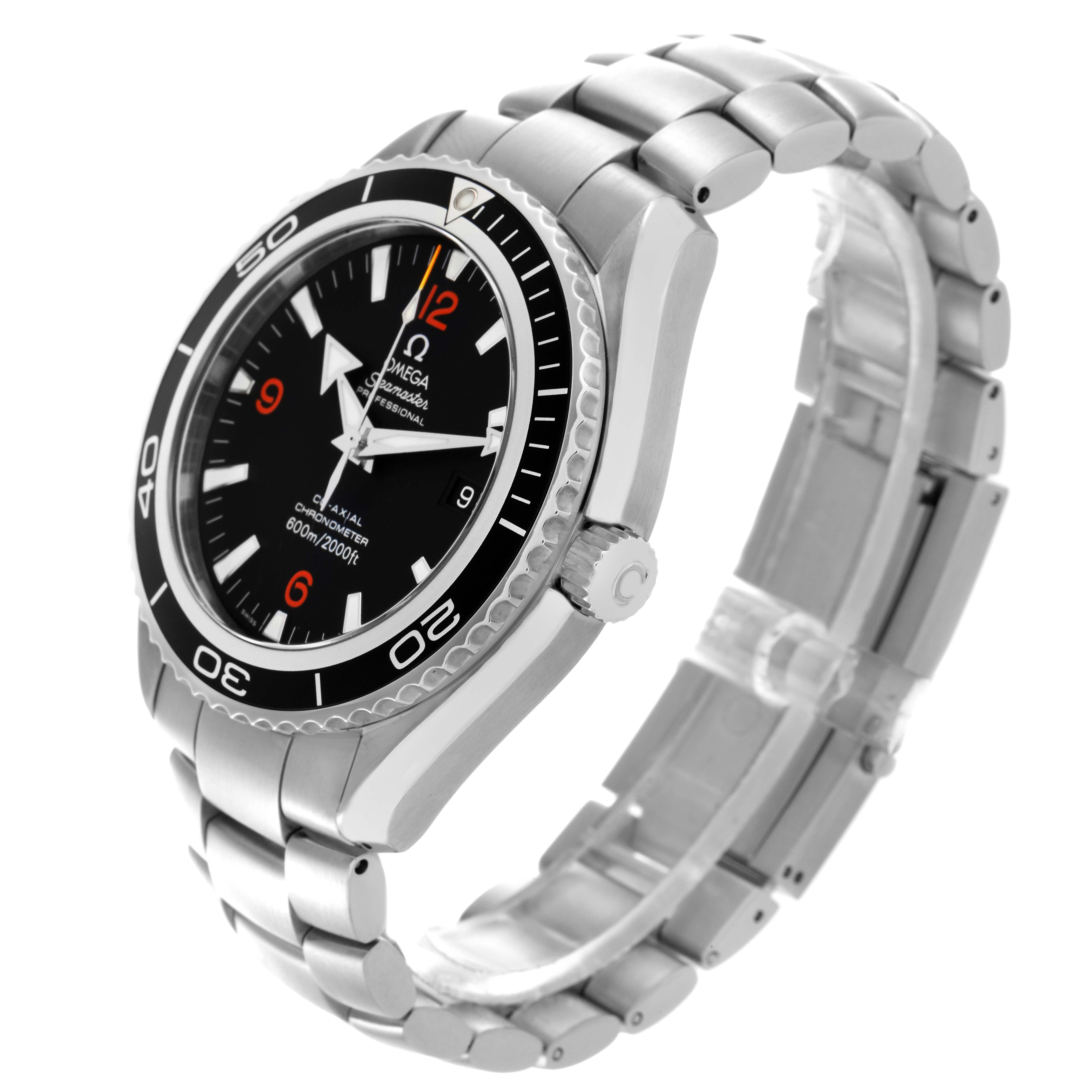 The Omega Planet Ocean 2200.51.00 Men
s Stainless Steel Black Dial 2200.51.00 Men
s Stainless Steel Black Dial watch is shown at an angle displaying the face, bezel, crown, and stainless steel bracelet.