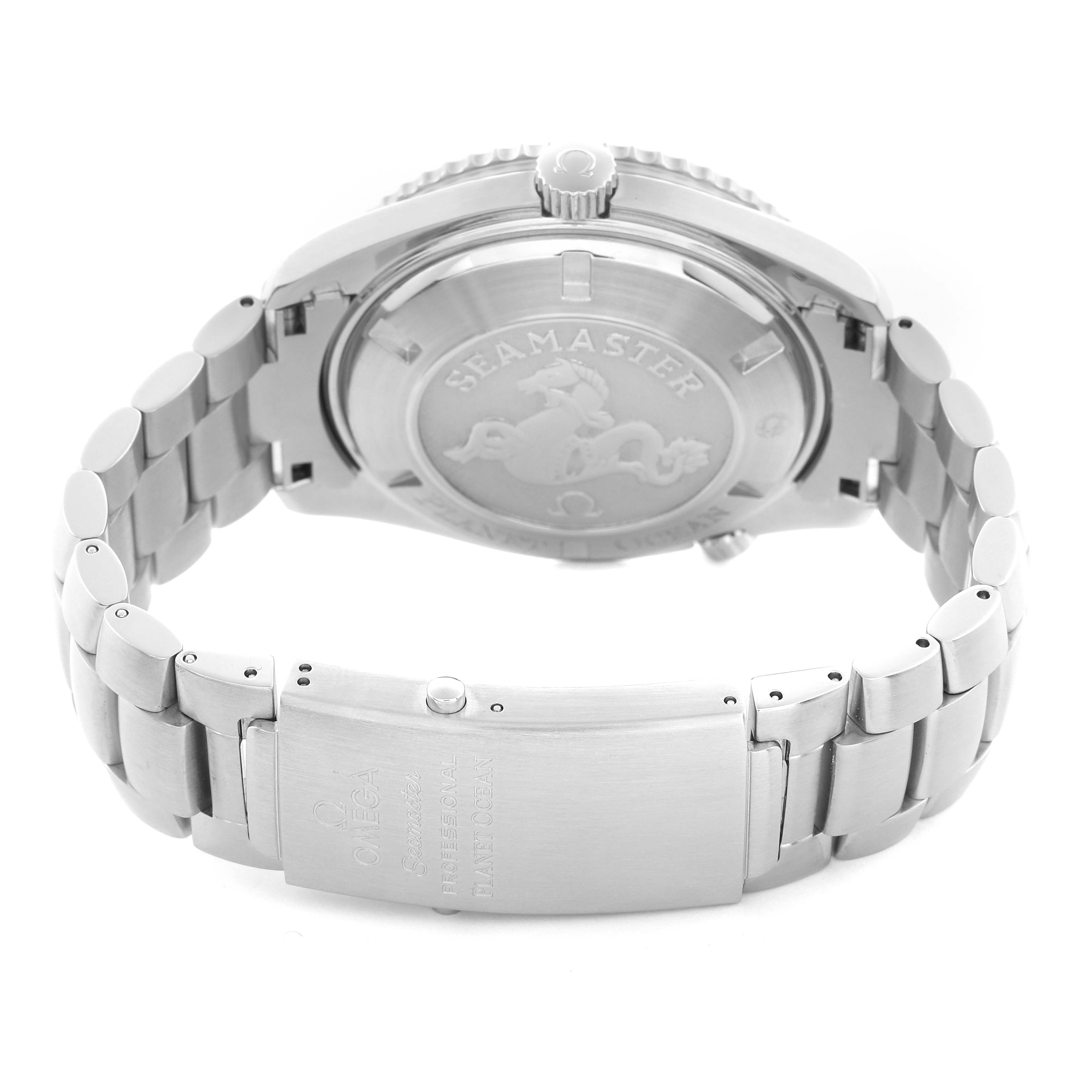 The Omega Planet Ocean 2200.51.00 Men
s Stainless Steel Black Dial 2200.51.00 Men
s Stainless Steel Black Dial watch is shown from the back, featuring its clasp, bracelet, and engraved case back.