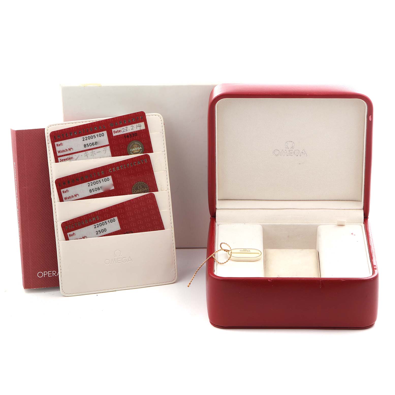 The image shows an Omega Planet Ocean 2200.51.00 Men
s Stainless Steel Black Dial 2200.51.00 Men
s Stainless Steel Black Dial watch box, warranty cards, and a red Omega case from a frontal angle.