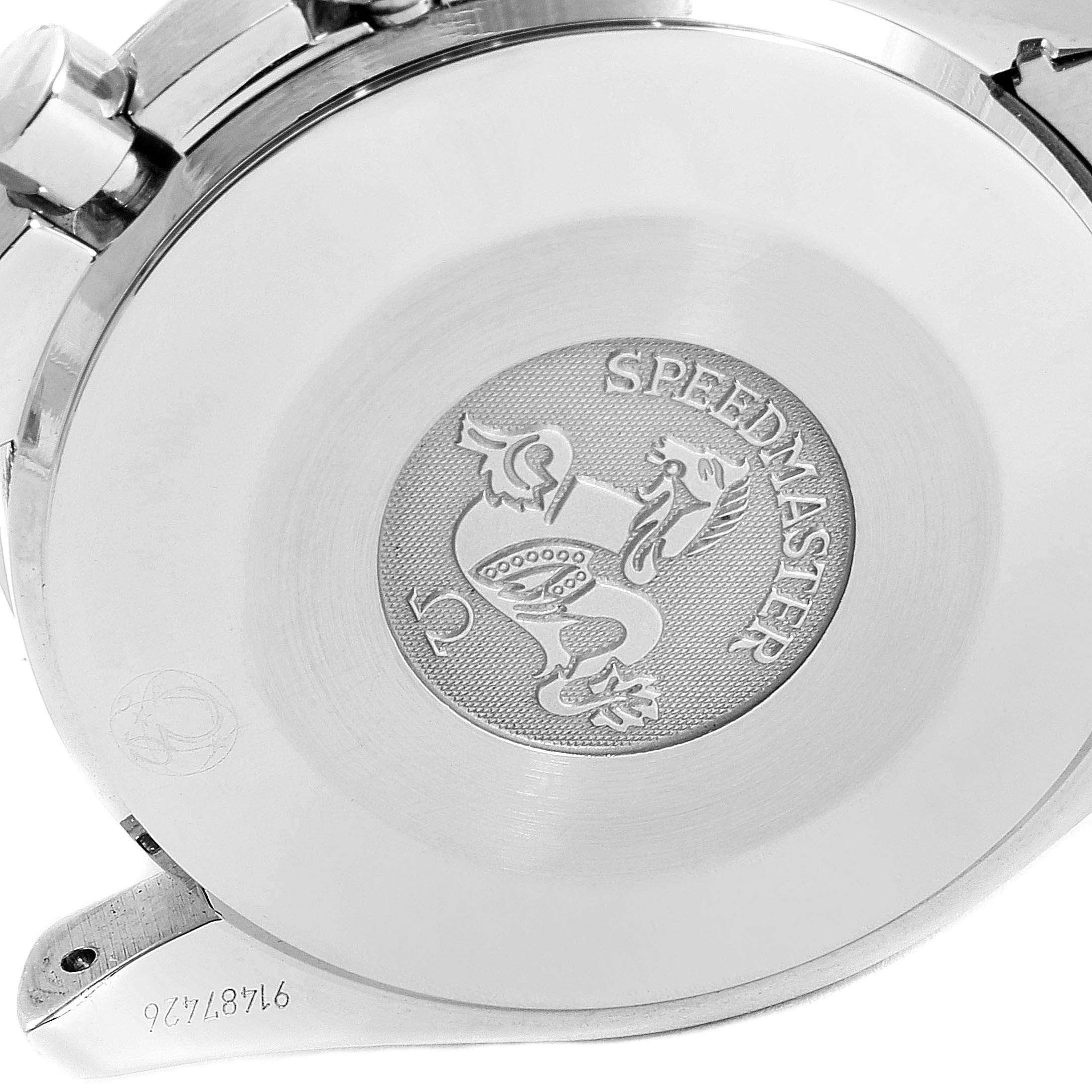 The image shows the back case of an Omega Speedmaster 3539.50.00 Men's Stainless Steel Black Dial 3539.50.00 Men's Stainless Steel Black Dial watch, featuring the engraved Speedmaster logo and serial number.