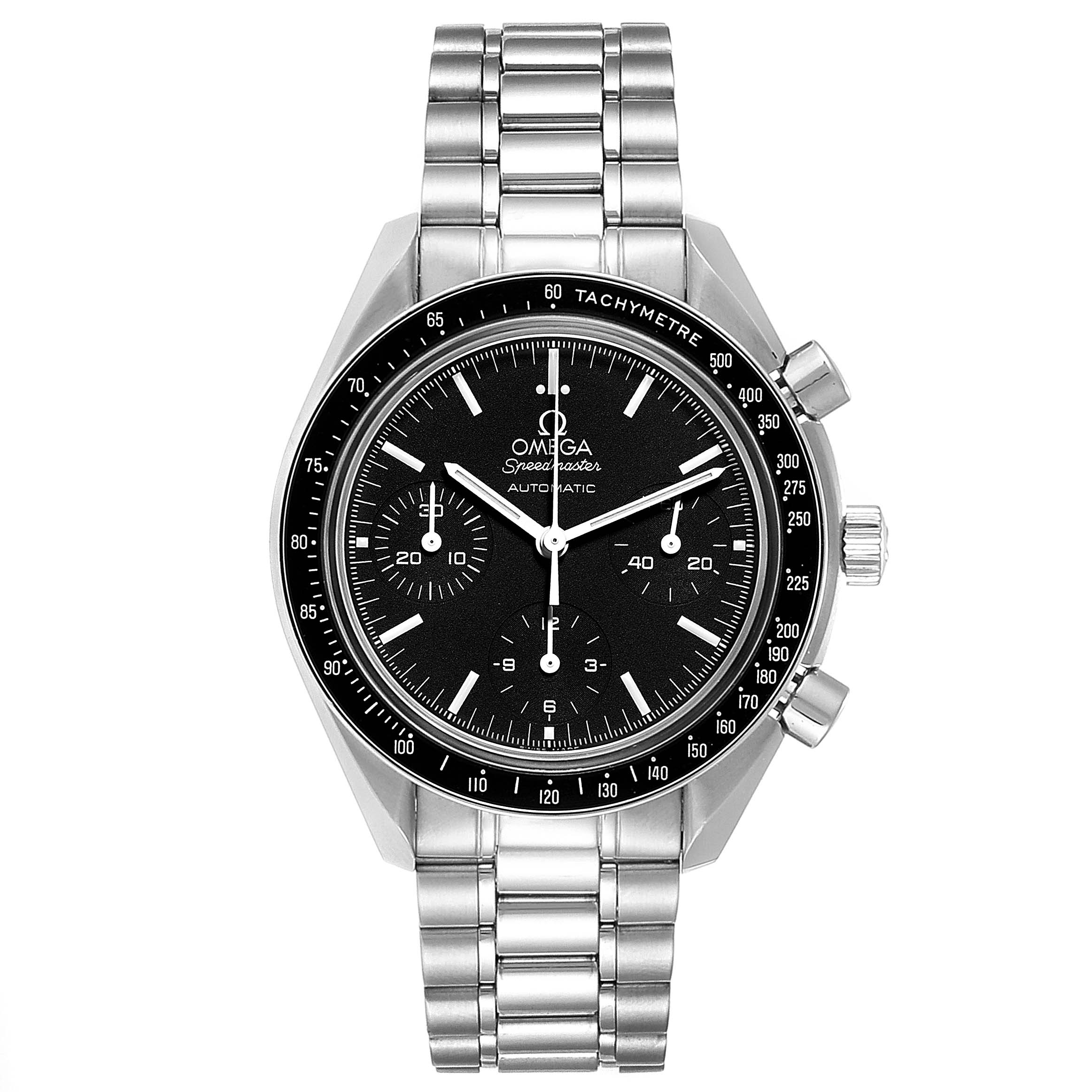 The Omega Speedmaster 3539.50.00 Men's Stainless Steel Black Dial 3539.50.00 Men's Stainless Steel Black Dial watch is shown from a front angle, displaying the watch face, bezel, pushers, crown, and bracelet.