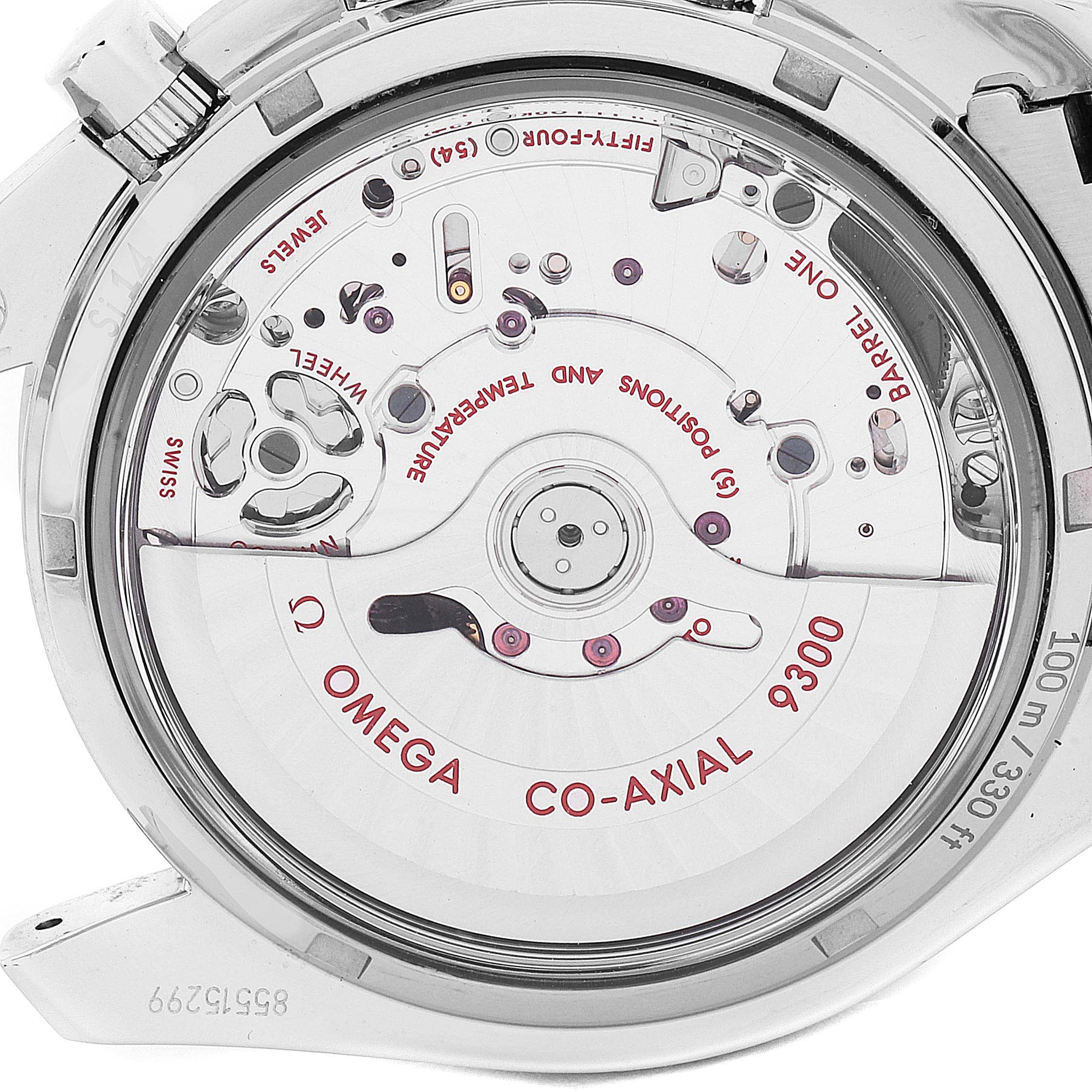 The image shows the back casing and internal mechanical components of an Omega Speedmaster 311.30.44.51.01.002 Men
s Stainless Steel Black Dial 311.30.44.51.01.002 Men
s Stainless Steel Black Dial Co-Axial 9300 watch.