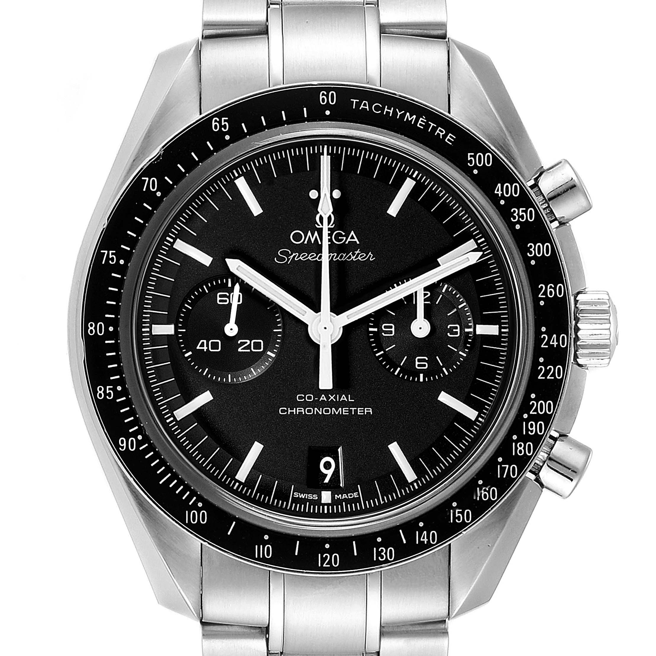 The Omega Speedmaster 311.30.44.51.01.002 Men
s Stainless Steel Black Dial 311.30.44.51.01.002 Men
s Stainless Steel Black Dial watch is shown from a front angle, highlighting its black dial, sub-dials, and stainless steel bracelet.