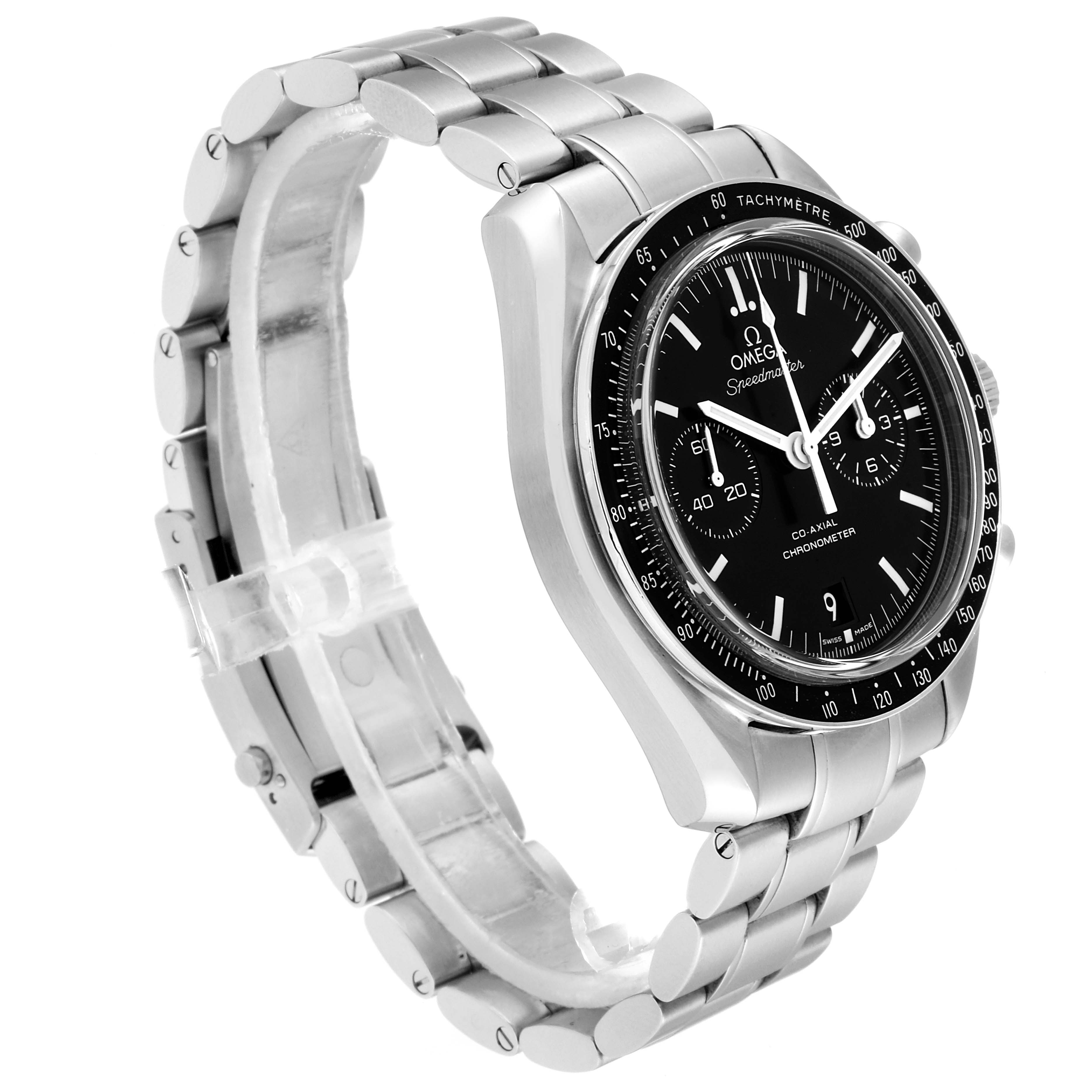 The image displays a side angle of the Omega Speedmaster 311.30.44.51.01.002 Men
s Stainless Steel Black Dial 311.30.44.51.01.002 Men
s Stainless Steel Black Dial watch, showing the case, bracelet, dial, and tachymeter bezel.
