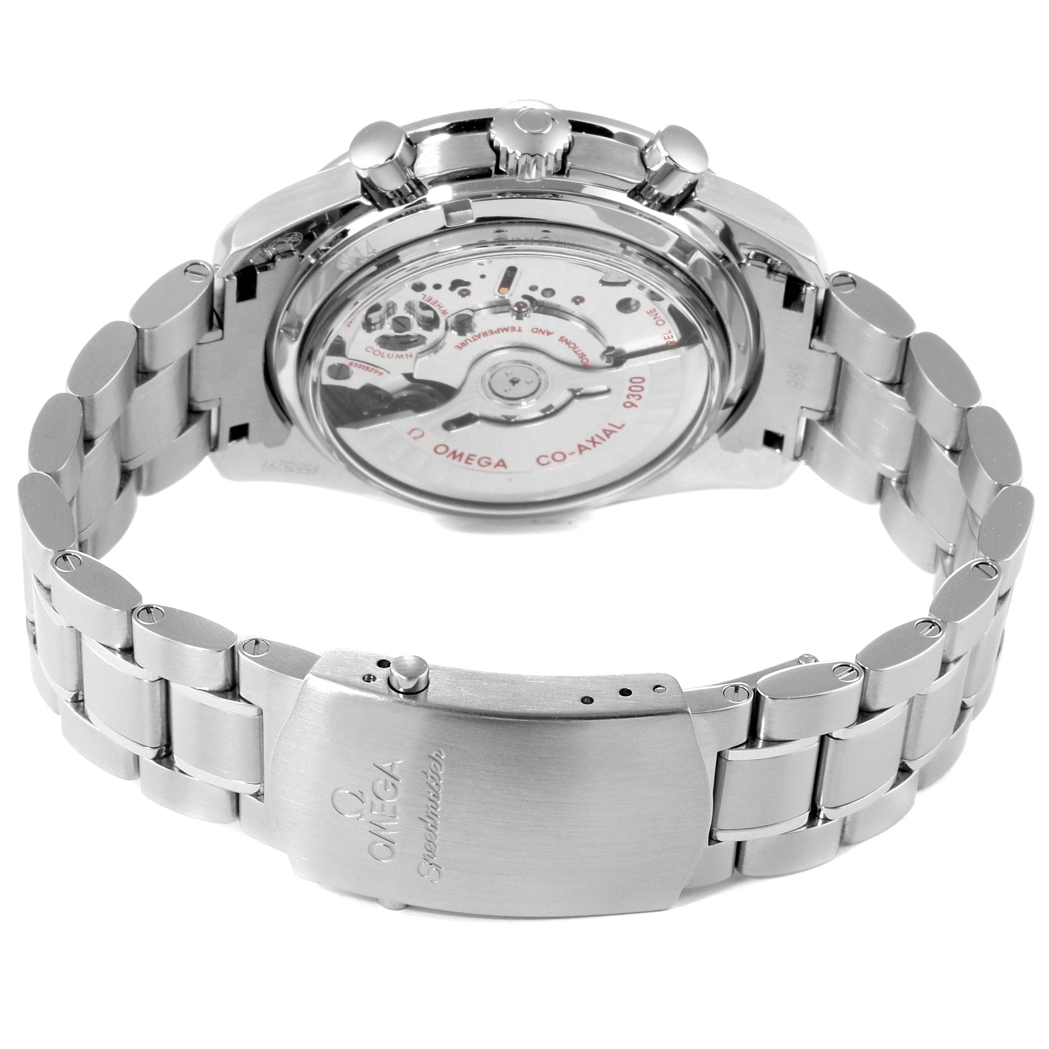 The image shows the back and bracelet of an Omega Speedmaster 311.30.44.51.01.002 Men
s Stainless Steel Black Dial 311.30.44.51.01.002 Men
s Stainless Steel Black Dial watch, highlighting its Co-Axial 9300 movement.