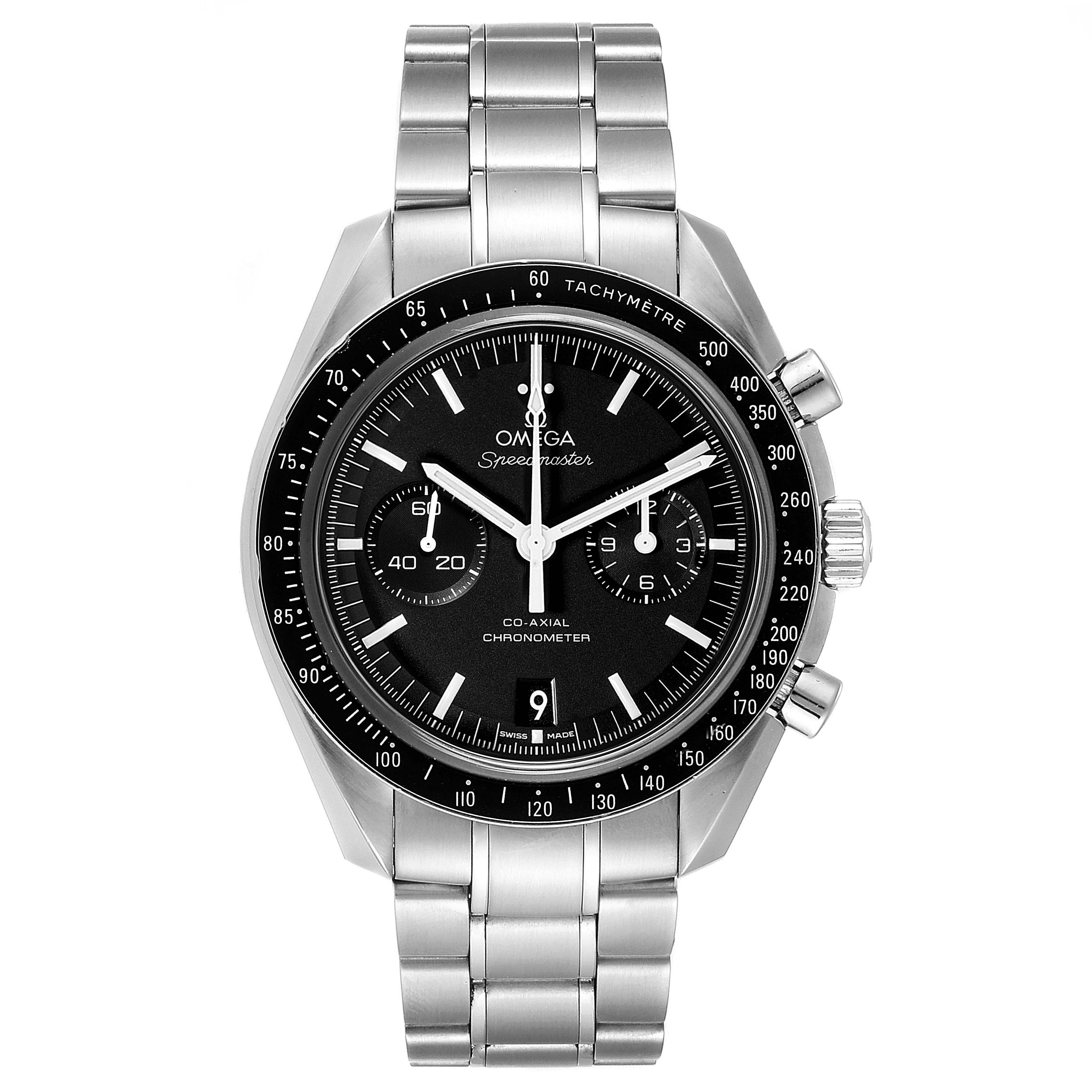 The image shows a front view of the Omega Speedmaster 311.30.44.51.01.002 Men
s Stainless Steel Black Dial 311.30.44.51.01.002 Men
s Stainless Steel Black Dial, displaying its black dial, tachymeter, and stainless steel bracelet.