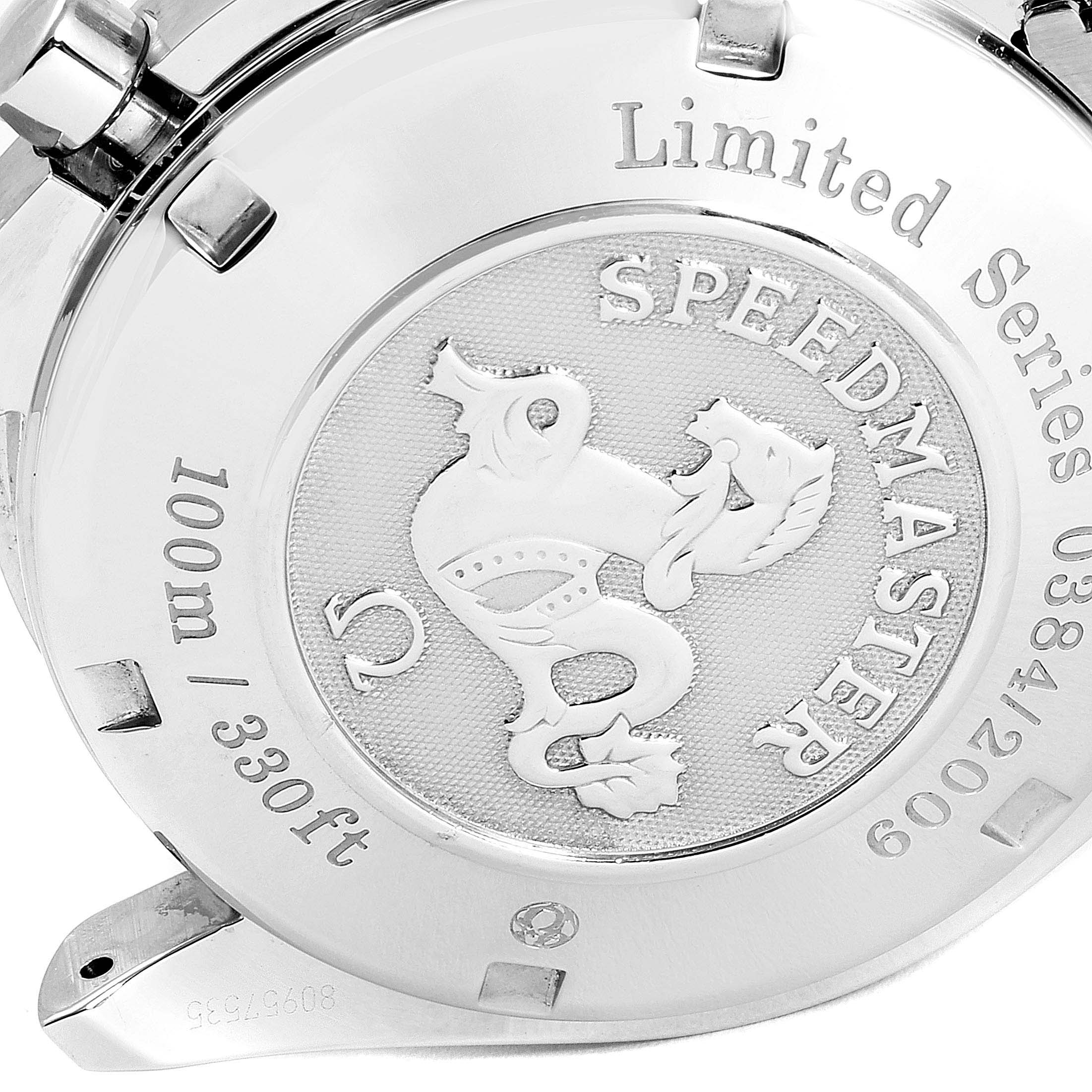 This image shows the back case of an Omega Speedmaster 323.30.40.40.01.001 Men
s Stainless Steel Black Dial 323.30.40.40.01.001 Men
s Stainless Steel Black Dial watch, displaying the "Limited Series" inscription and water resistance rating.