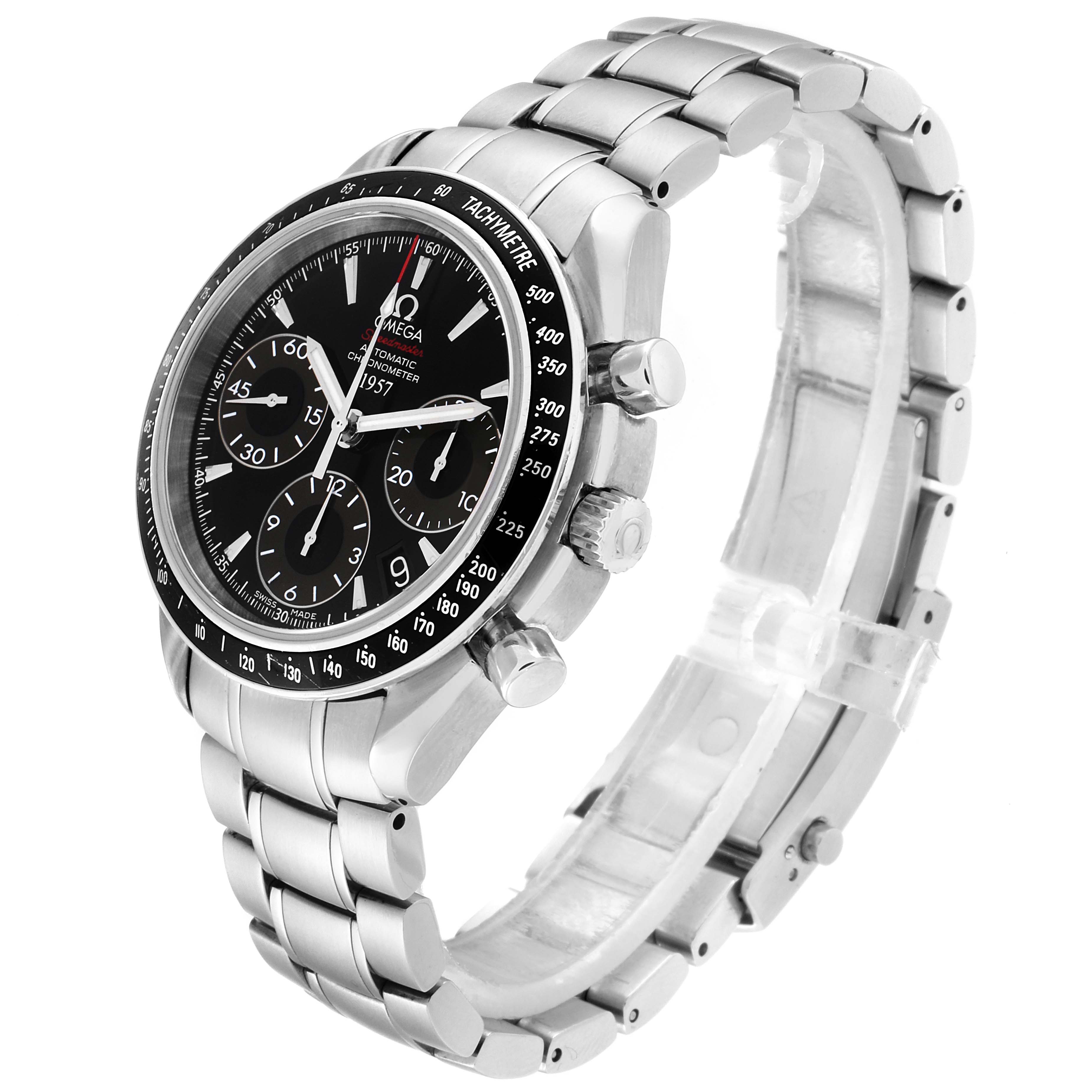 The image shows an Omega Speedmaster 323.30.40.40.01.001 Men
s Stainless Steel Black Dial 323.30.40.40.01.001 Men
s Stainless Steel Black Dial watch at a three-quarter angle, highlighting the dial, case, and stainless steel bracelet.