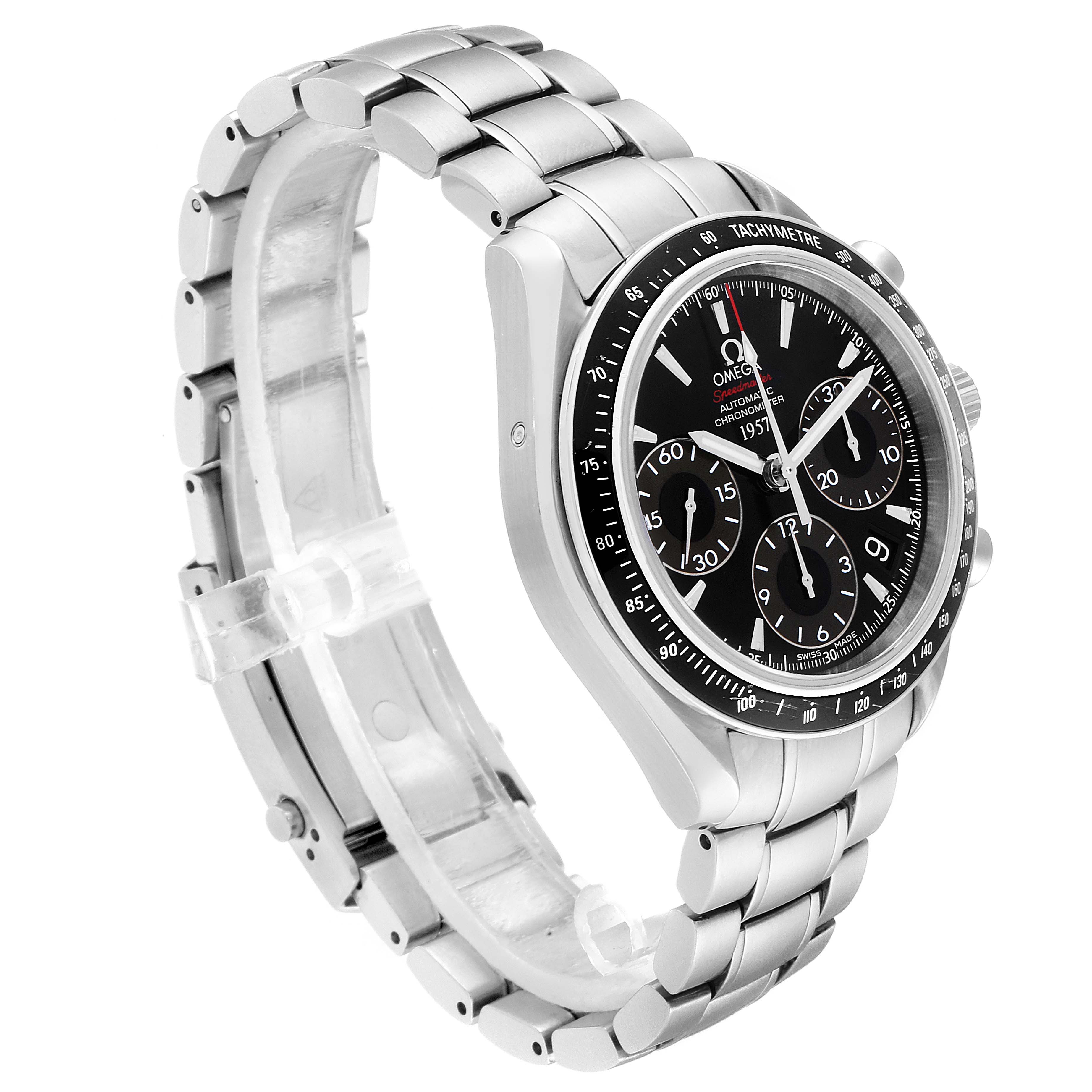 The Omega Speedmaster 323.30.40.40.01.001 Men
s Stainless Steel Black Dial 323.30.40.40.01.001 Men
s Stainless Steel Black Dial watch is shown at a three-quarter angle, displaying the face, bezel, and stainless steel bracelet.