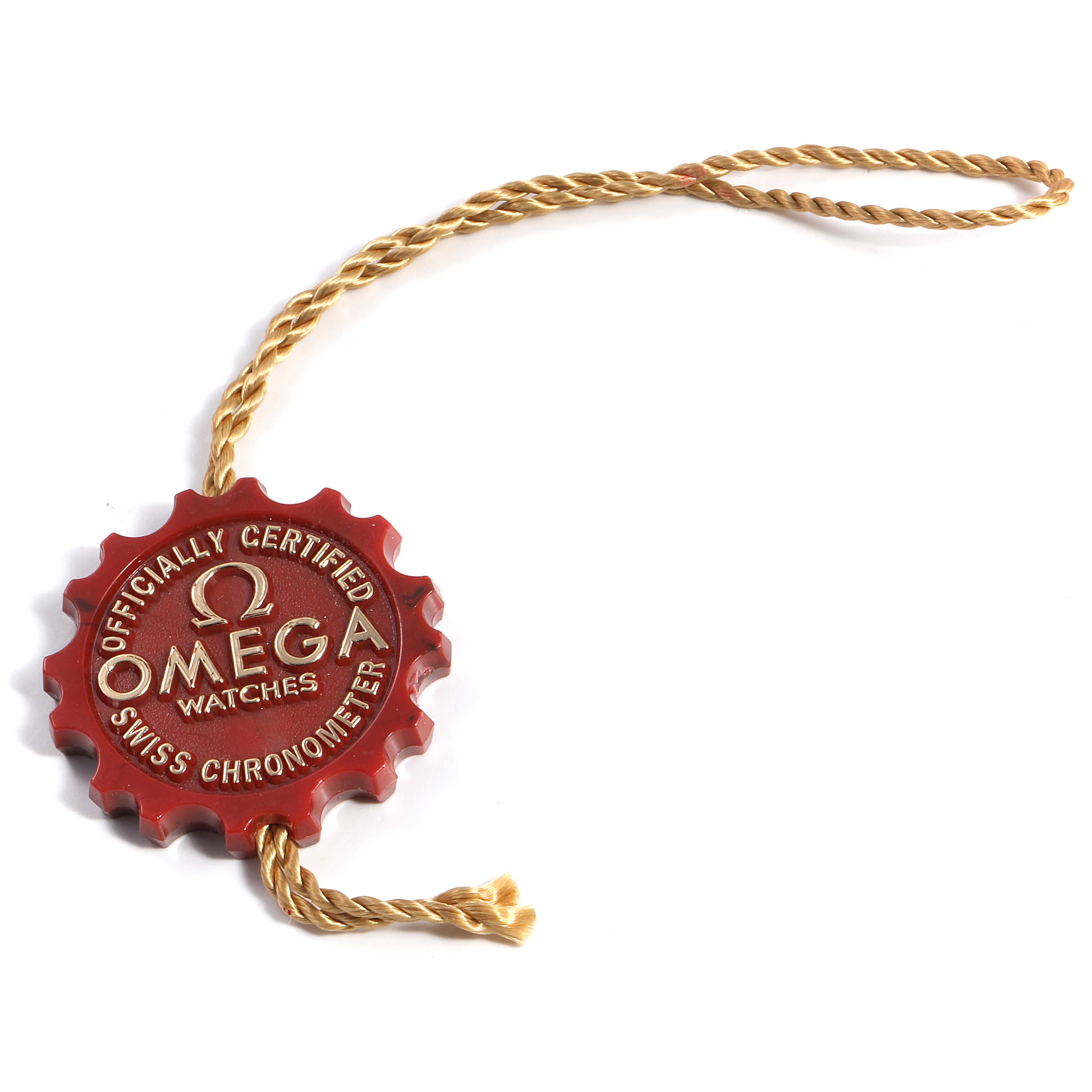 This image shows a red wax seal with a golden string for the Omega Speedmaster 323.30.40.40.01.001 Men
s Stainless Steel Black Dial 323.30.40.40.01.001 Men
s Stainless Steel Black Dial, indicating it is officially certified.