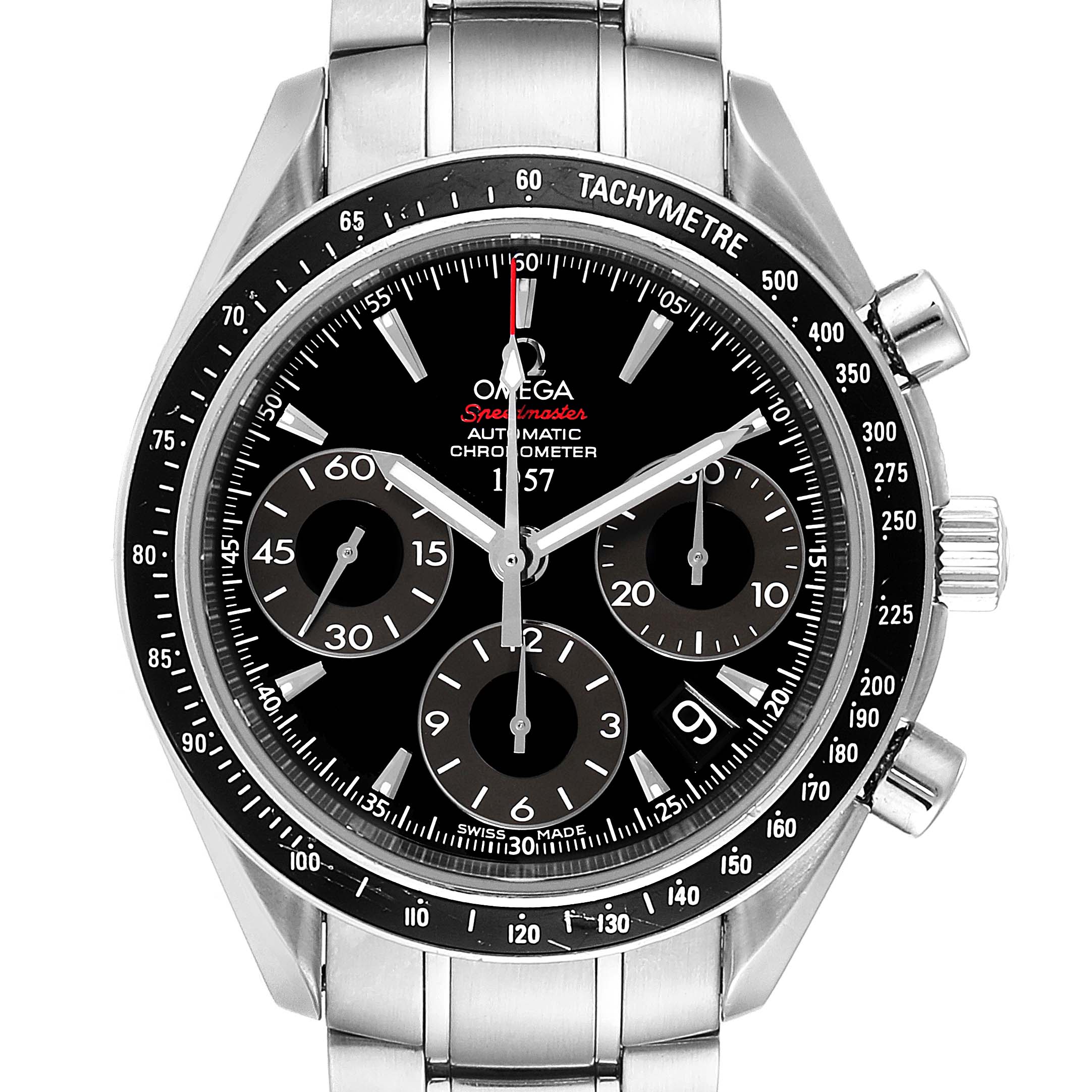 The image shows a front view of the Omega Speedmaster 323.30.40.40.01.001 Men
s Stainless Steel Black Dial 323.30.40.40.01.001 Men
s Stainless Steel Black Dial watch, focusing on its black dial, chronographs, and tachymeter bezel.