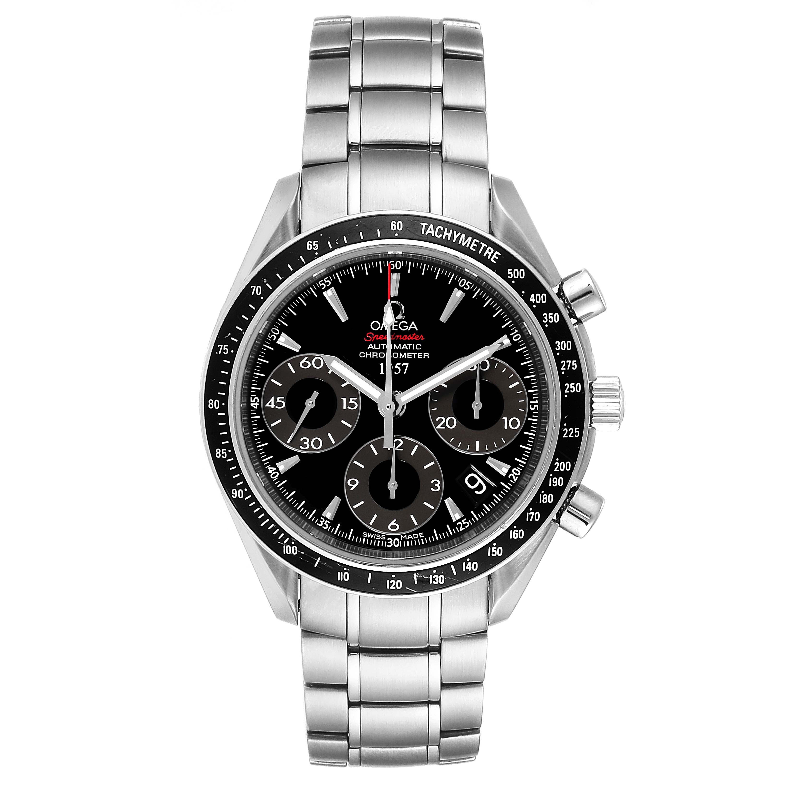 The image shows a front view of an Omega Speedmaster 323.30.40.40.01.001 Men
s Stainless Steel Black Dial 323.30.40.40.01.001 Men
s Stainless Steel Black Dial watch, displaying its face, bezel, buttons, and metal bracelet.