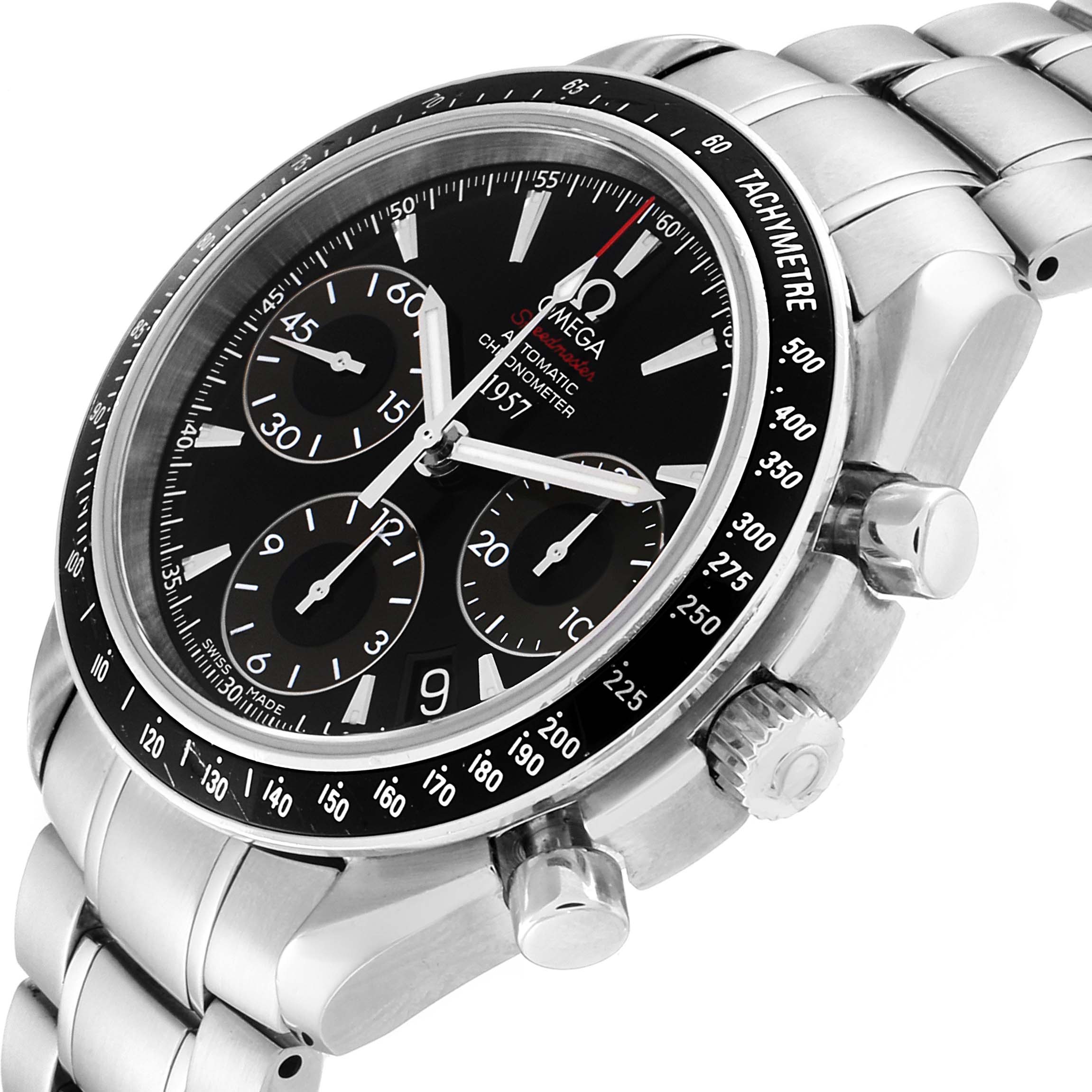 This image shows an Omega Speedmaster 323.30.40.40.01.001 Men
s Stainless Steel Black Dial 323.30.40.40.01.001 Men
s Stainless Steel Black Dial watch from a three-quarter angle, displaying its face, bezel, crown, and stainless steel bracelet.