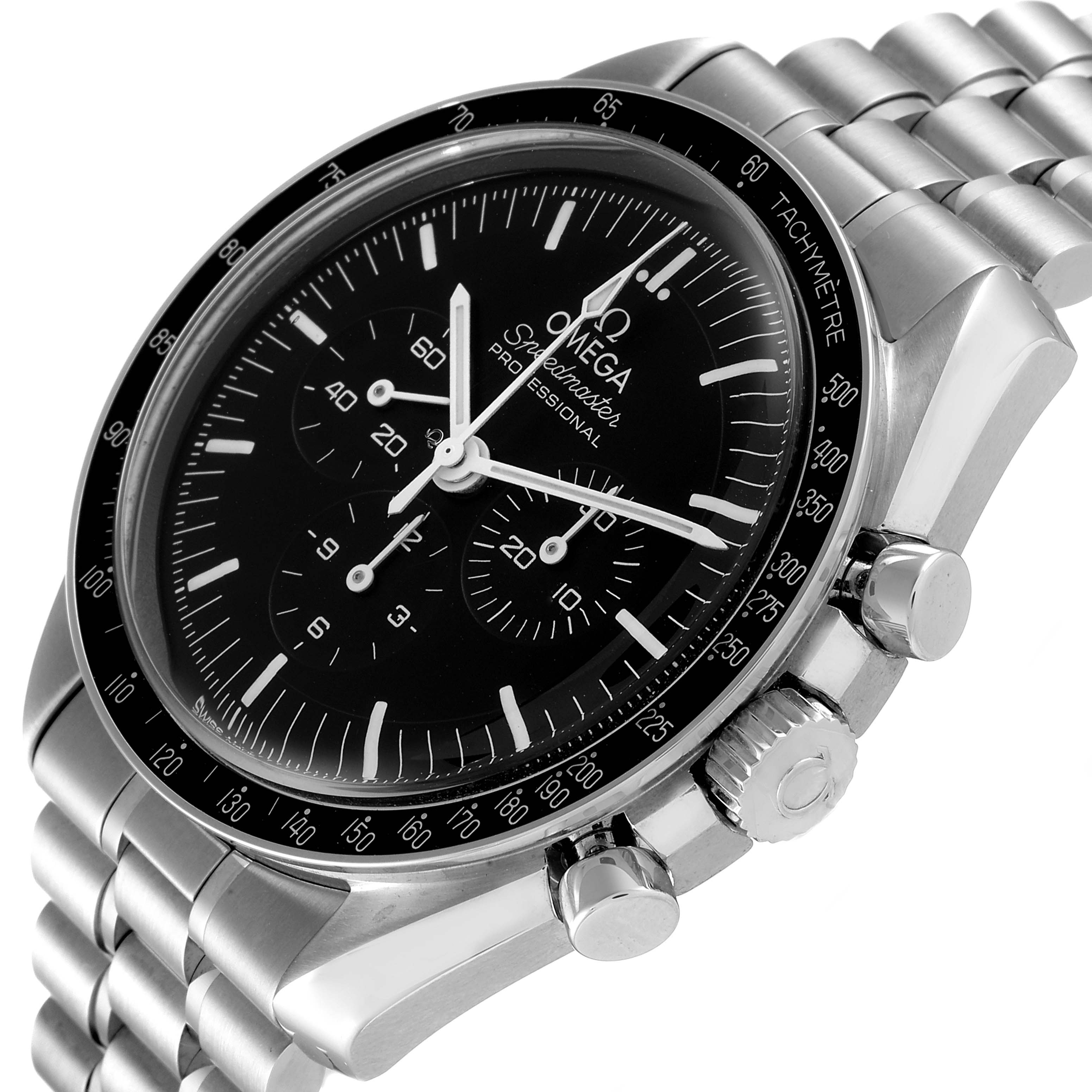 The Omega Speedmaster 310.32.42.50.01.001 Men
s Stainless Steel Black Dial 310.32.42.50.01.001 Men
s Stainless Steel Black Dial watch is shown at an angled side view, highlighting the dial, tachymeter bezel, crown, and pushers.