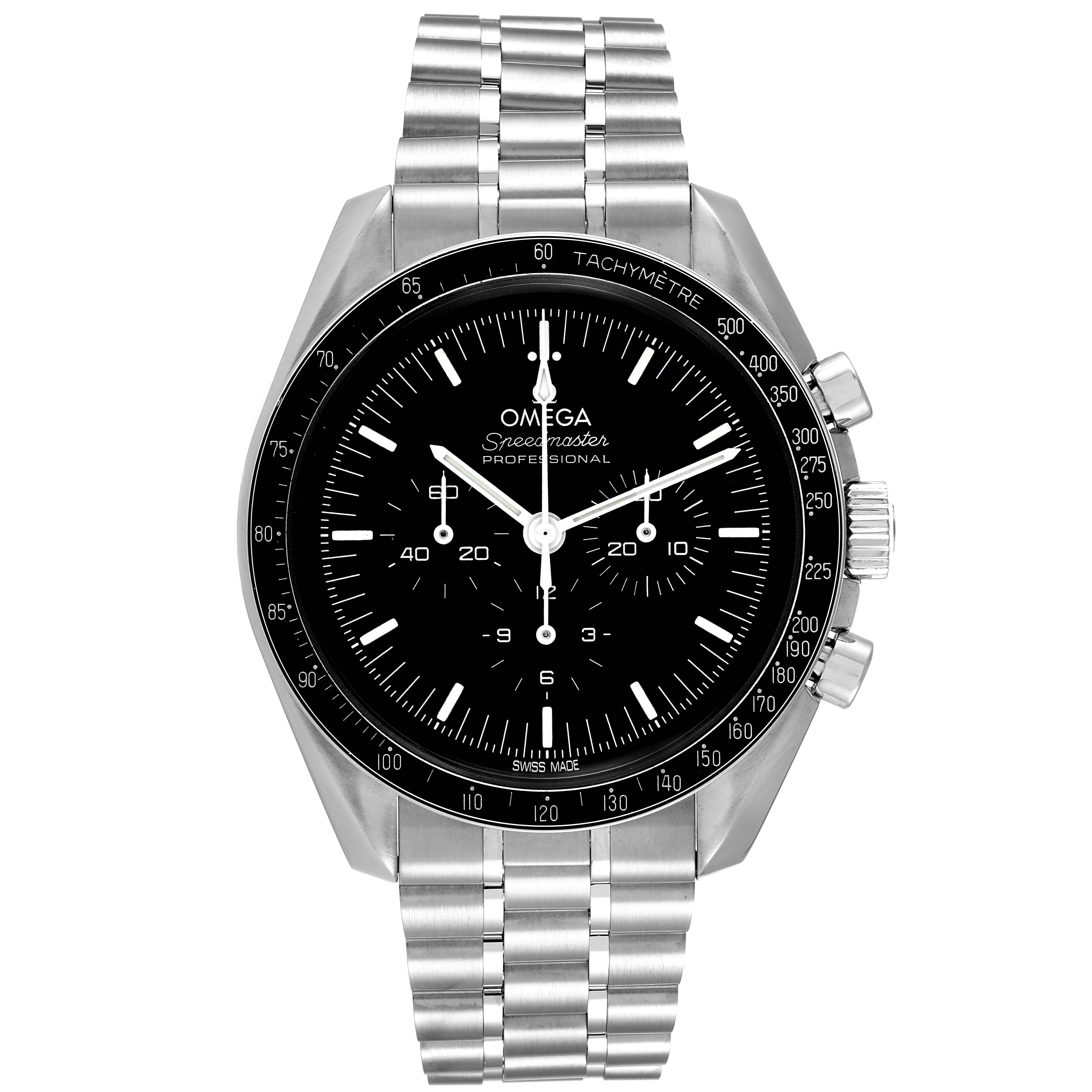 This image shows a frontal view of the Omega Speedmaster 310.32.42.50.01.001 Men
s Stainless Steel Black Dial 310.32.42.50.01.001 Men
s Stainless Steel Black Dial watch, highlighting its dial, bezel, and stainless steel bracelet.