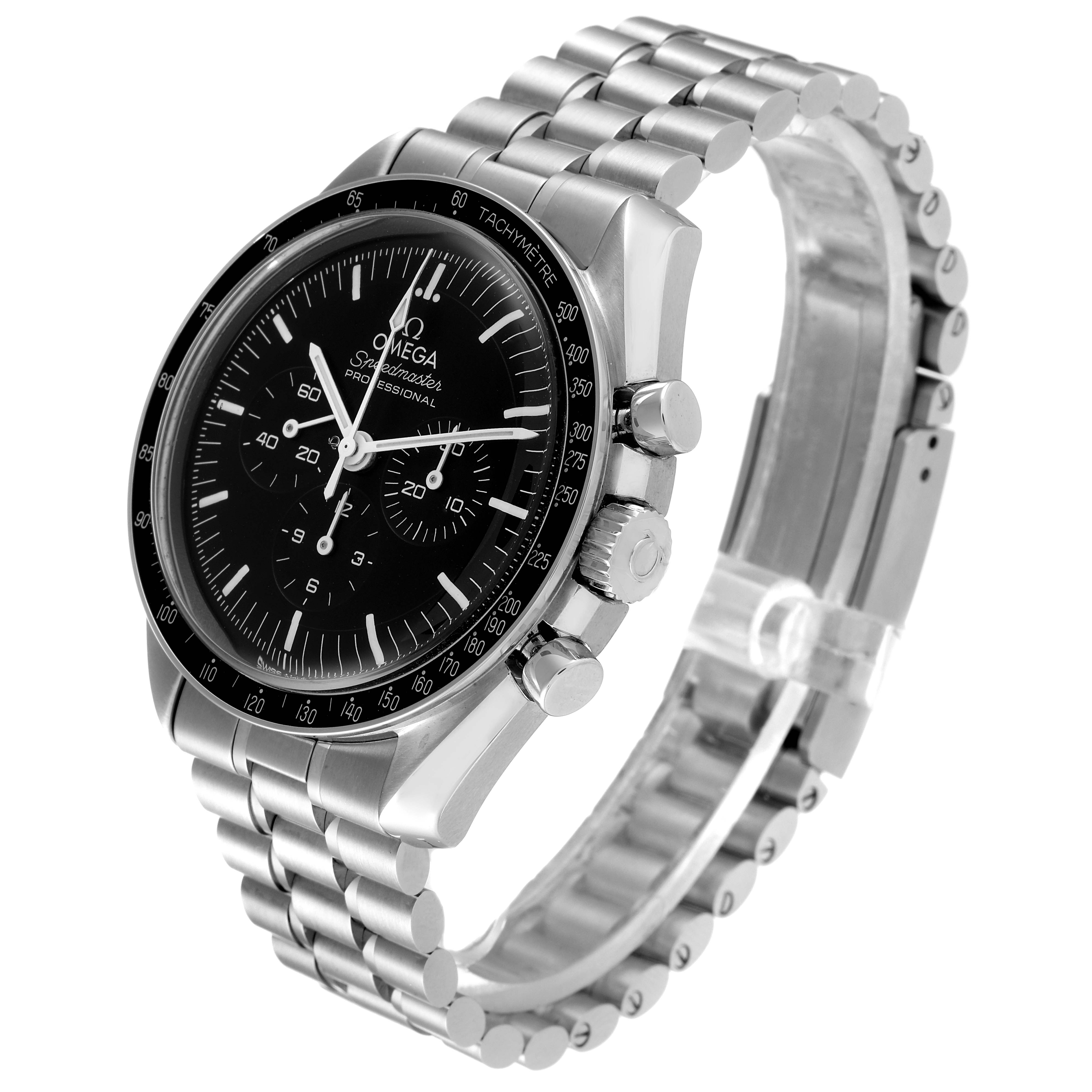 This image shows the Omega Speedmaster 310.32.42.50.01.001 Men
s Stainless Steel Black Dial 310.32.42.50.01.001 Men
s Stainless Steel Black Dial watch from a three-quarter angle, highlighting its face, bezel, crown, and stainless steel bracelet.