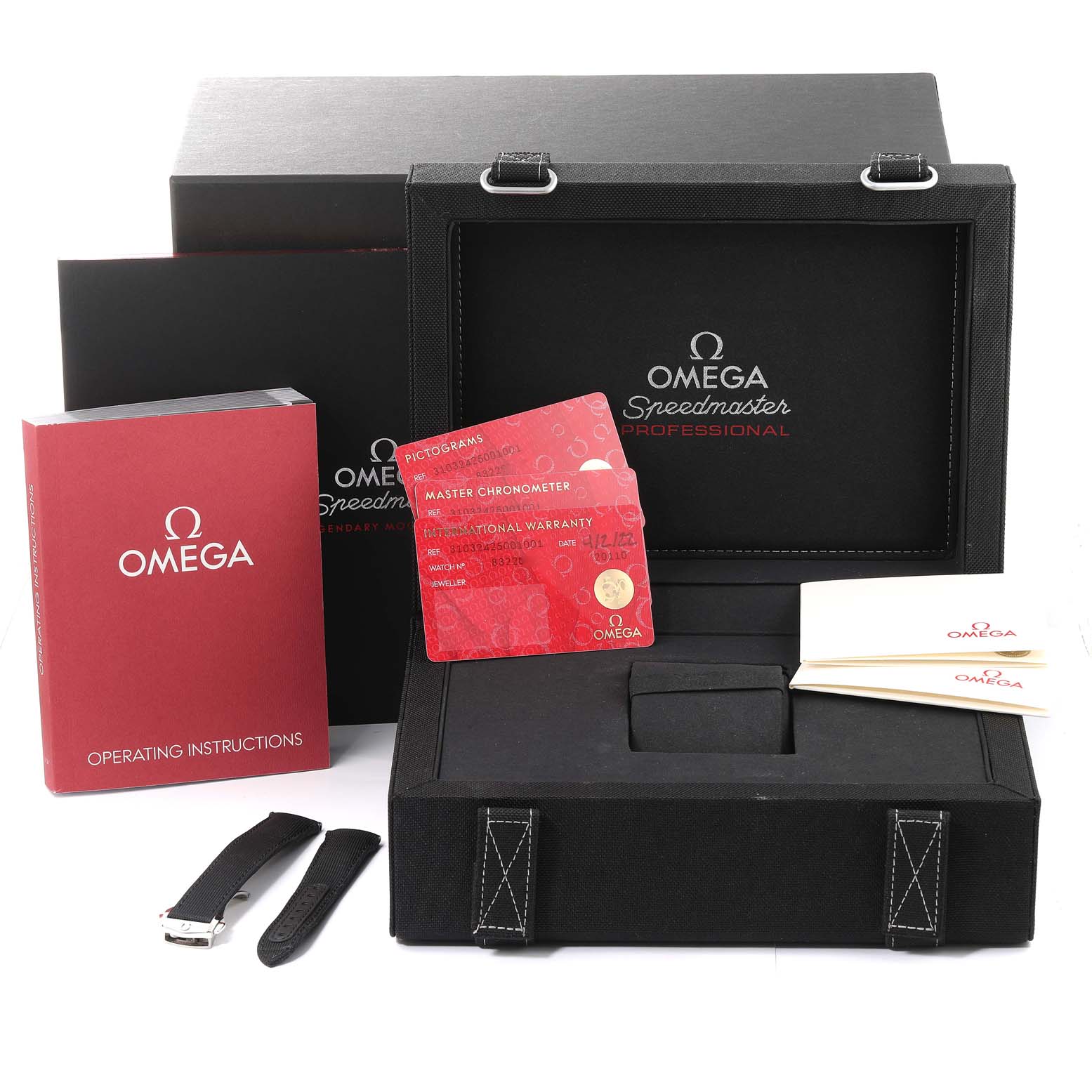 The image shows the packaging and accessories for an Omega Speedmaster 310.32.42.50.01.001 Men
s Stainless Steel Black Dial 310.32.42.50.01.001 Men
s Stainless Steel Black Dial, including the box, warranty cards, instructions, and extra straps.