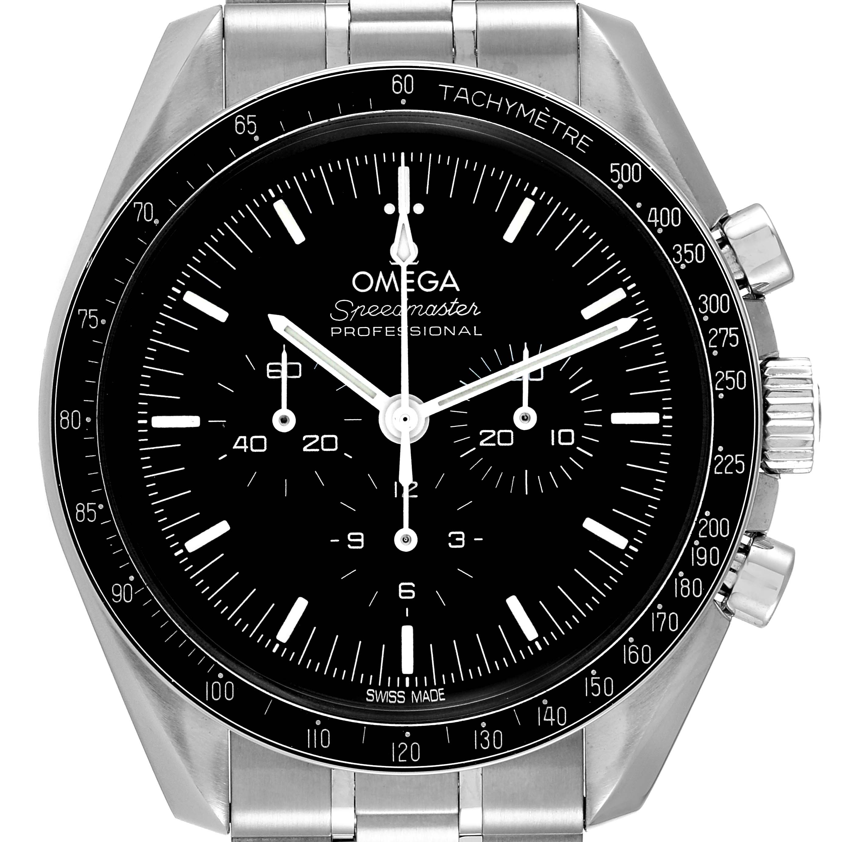 The image shows a frontal view of an Omega Speedmaster 310.32.42.50.01.001 Men
s Stainless Steel Black Dial 310.32.42.50.01.001 Men
s Stainless Steel Black Dial watch, highlighting the dial and tachymètre bezel.