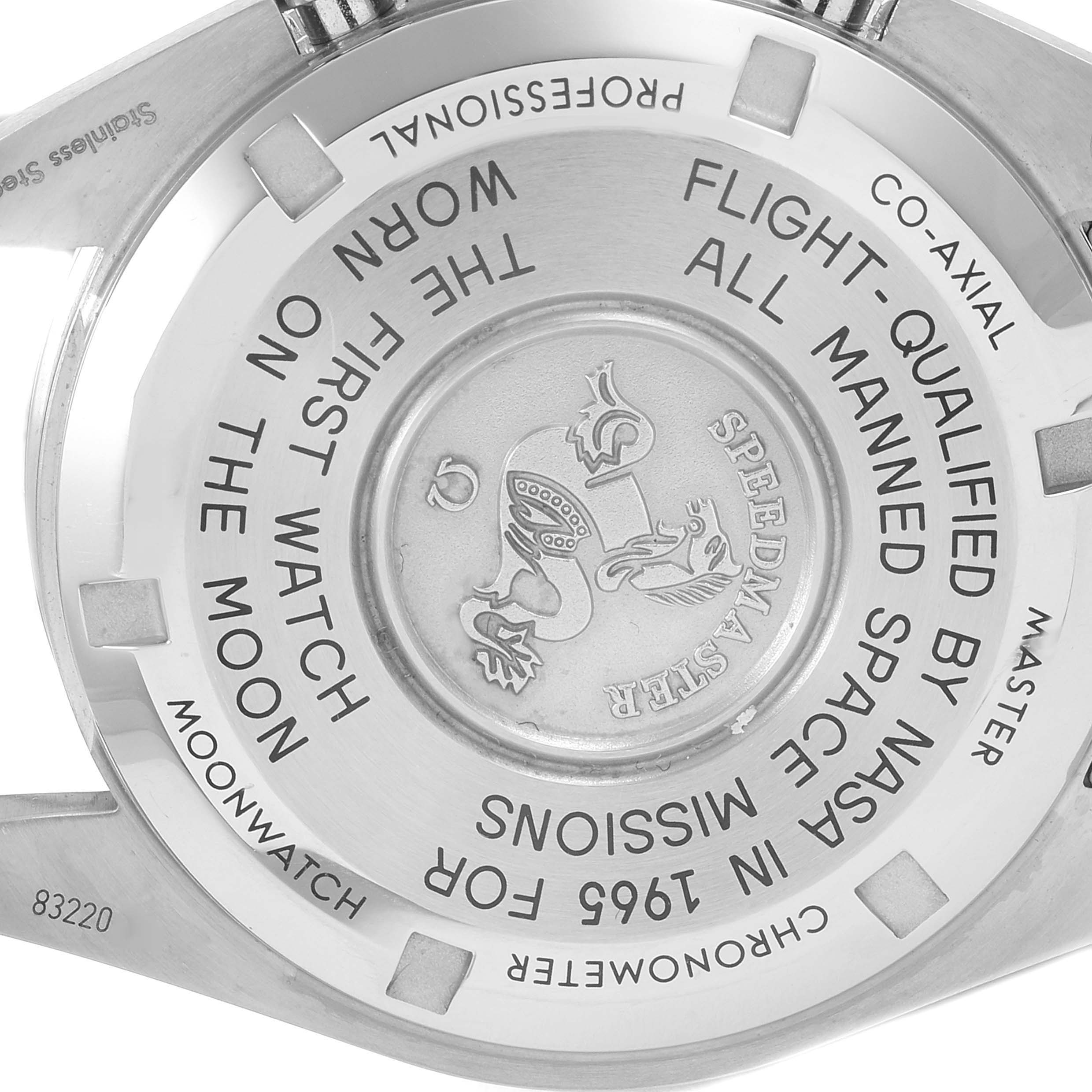 The image shows the back case of an Omega Speedmaster 310.32.42.50.01.001 Men
s Stainless Steel Black Dial 310.32.42.50.01.001 Men
s Stainless Steel Black Dial watch, highlighting its engravings and branding.