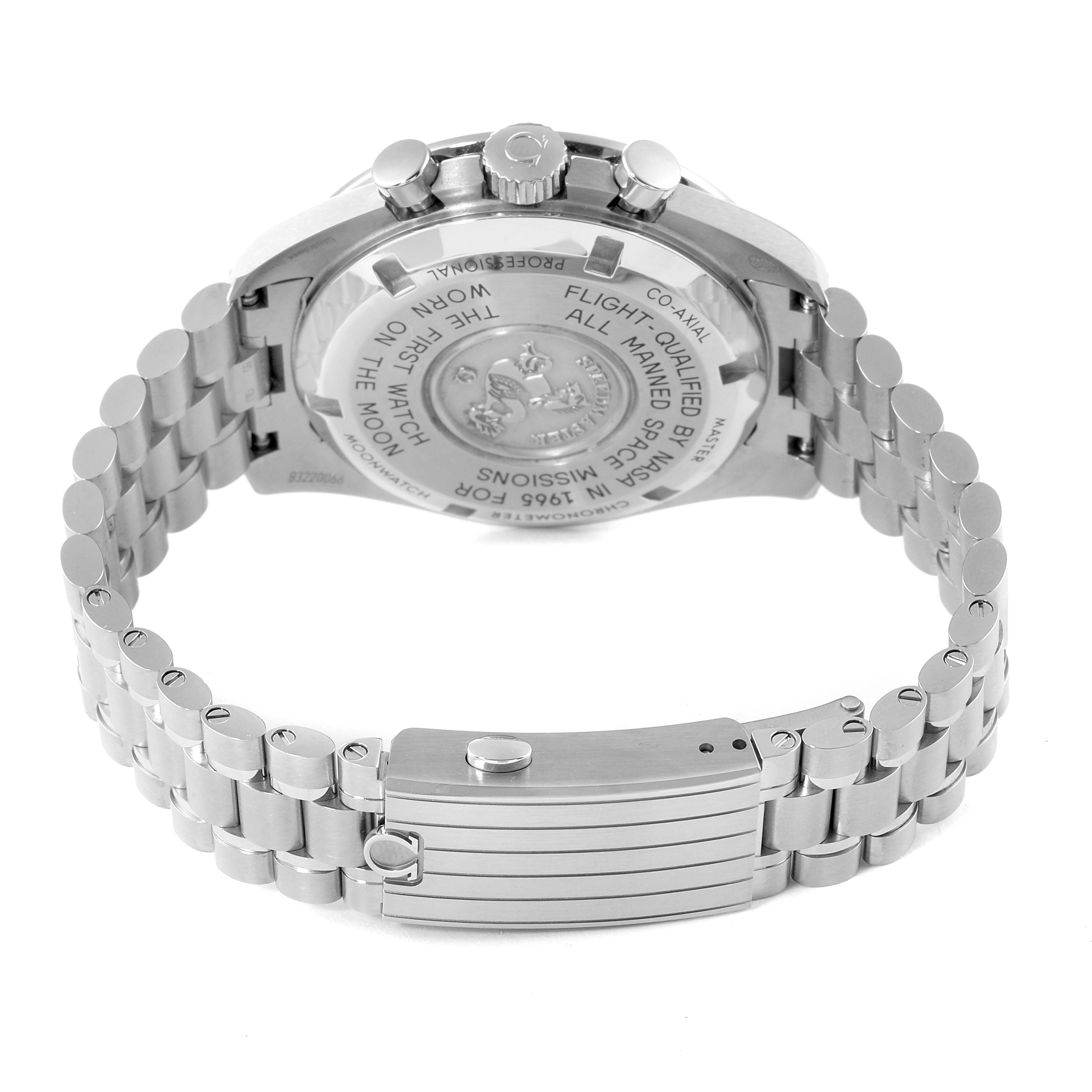 This image shows the back case and bracelet of the Omega Speedmaster 310.32.42.50.01.001 Men
s Stainless Steel Black Dial 310.32.42.50.01.001 Men
s Stainless Steel Black Dial watch from a rear angle.