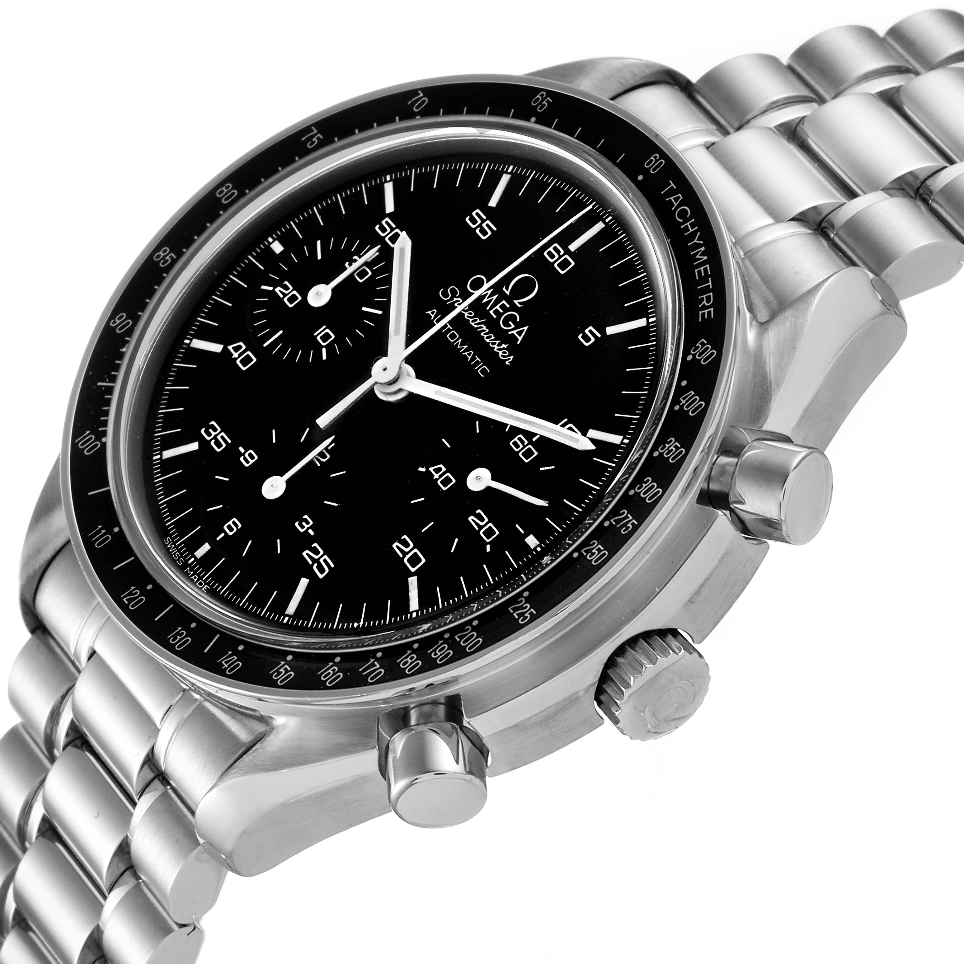 The Omega Speedmaster 3510.50.00 Men
s Stainless Steel Black Dial 3510.50.00 Men
s Stainless Steel Black Dial watch is shown at a three-quarter angle, displaying the dial, crown, pushers, and bracelet.