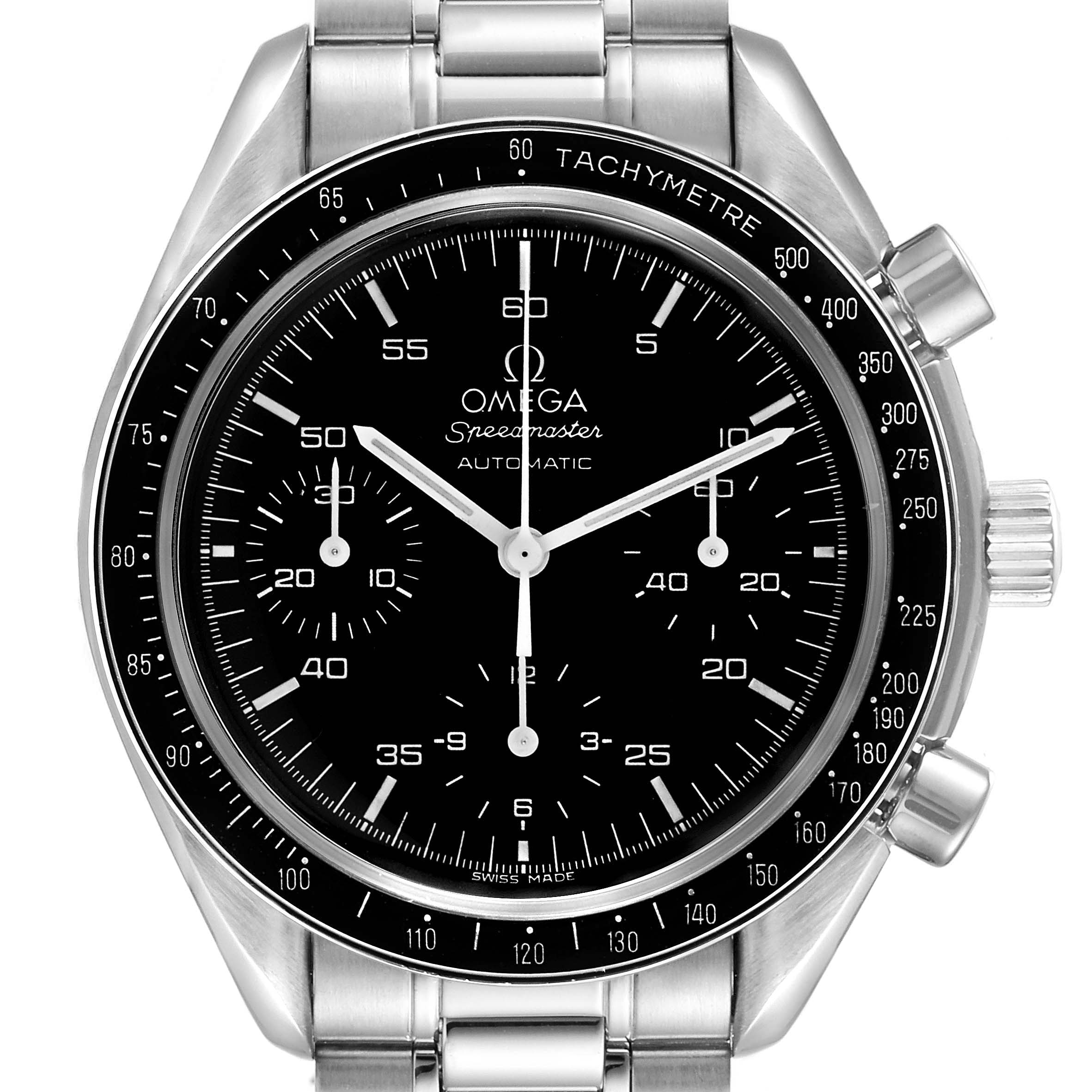 The Omega Speedmaster 3510.50.00 Men
s Stainless Steel Black Dial 3510.50.00 Men
s Stainless Steel Black Dial watch is shown from a frontal angle, highlighting its face, bezel, and stainless steel bracelet.