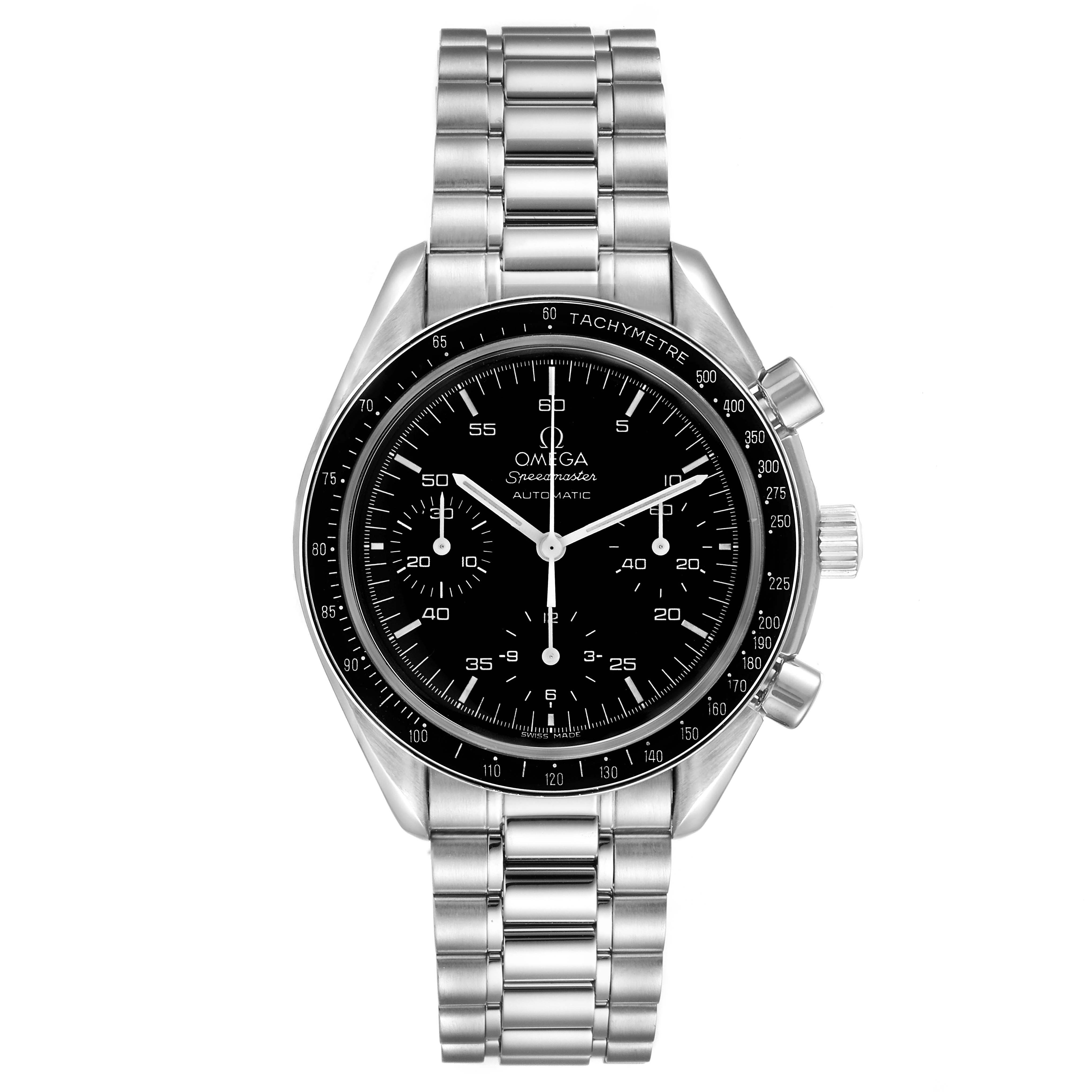 The Omega Speedmaster 3510.50.00 Men
s Stainless Steel Black Dial 3510.50.00 Men
s Stainless Steel Black Dial watch is shown from a front angle, displaying the dial, bezel, bracelet, and side pushers.
