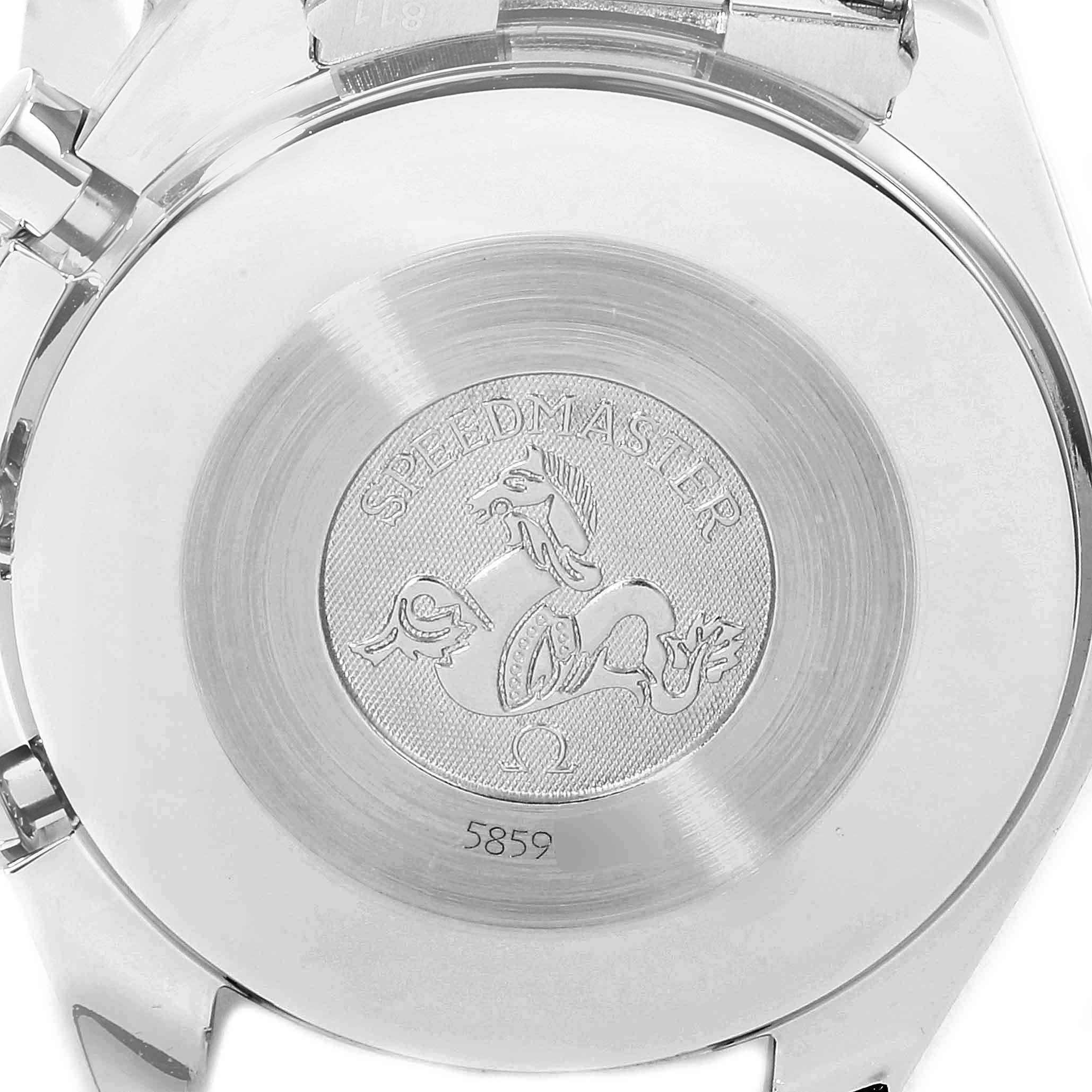 The image shows the case back of an Omega Speedmaster 3510.50.00 Men
s Stainless Steel Black Dial 3510.50.00 Men
s Stainless Steel Black Dial, featuring the engraved logo and model name.