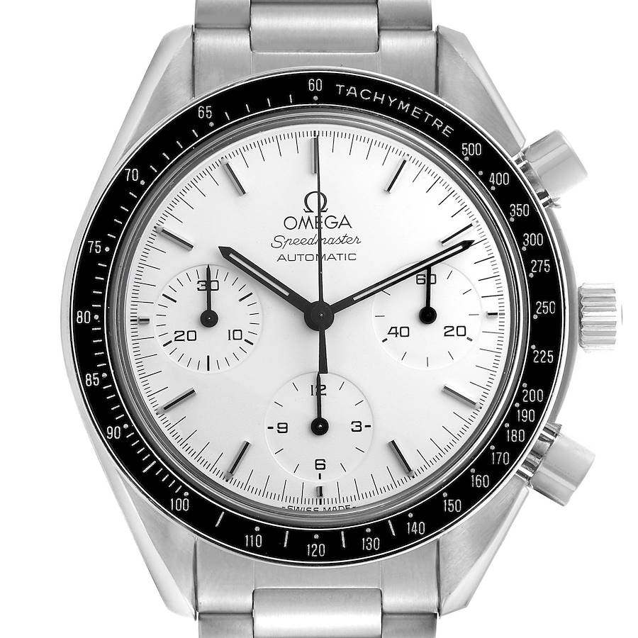 The image shows a front view of the Omega Speedmaster watch, displaying its dial, tachymeter bezel, and pushers.