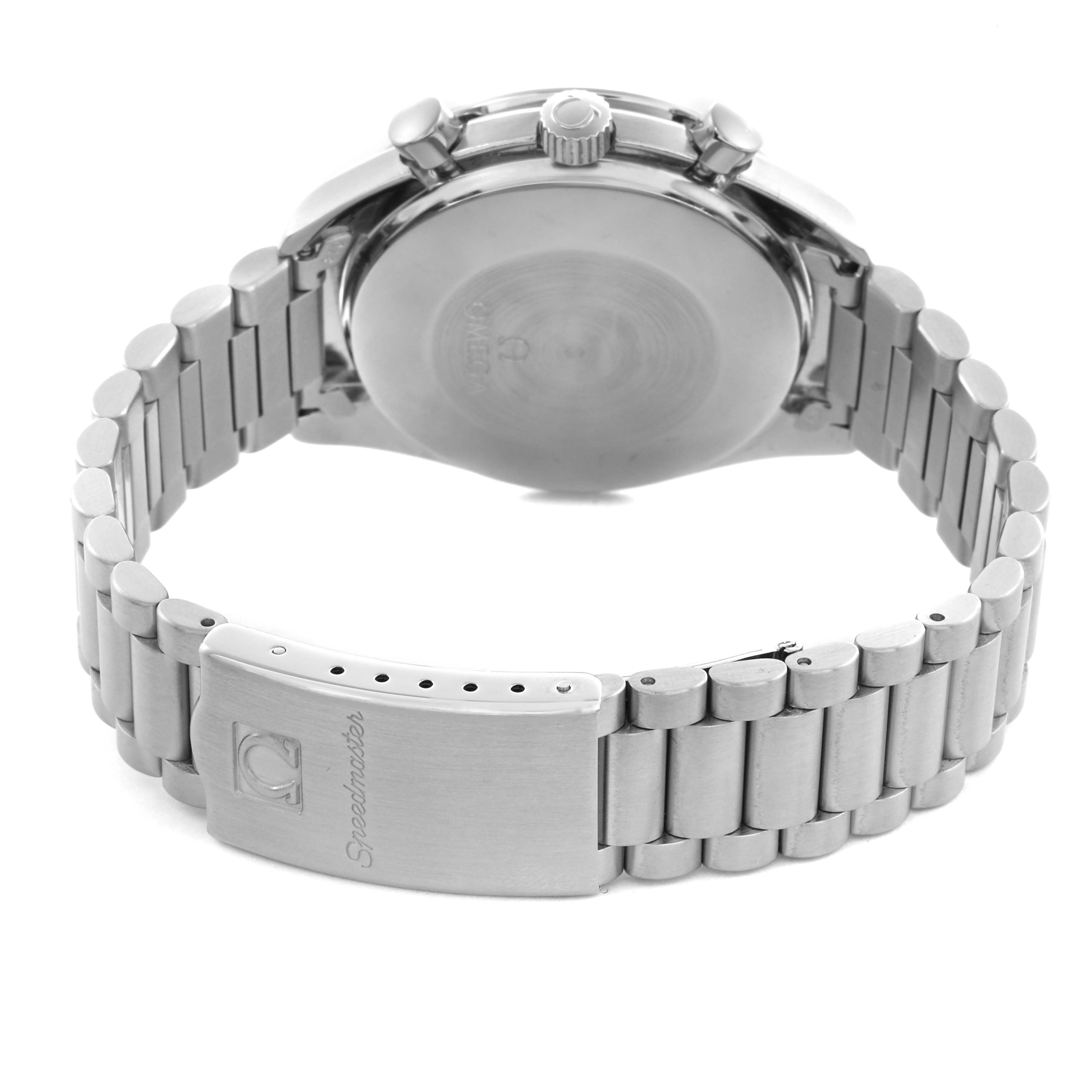 The Omega Speedmaster ST175.0032 Men
s Stainless Steel White Dial ST175.0032 Men
s Stainless Steel White Dial watch is shown from the back, highlighting the stainless steel bracelet and clasp.