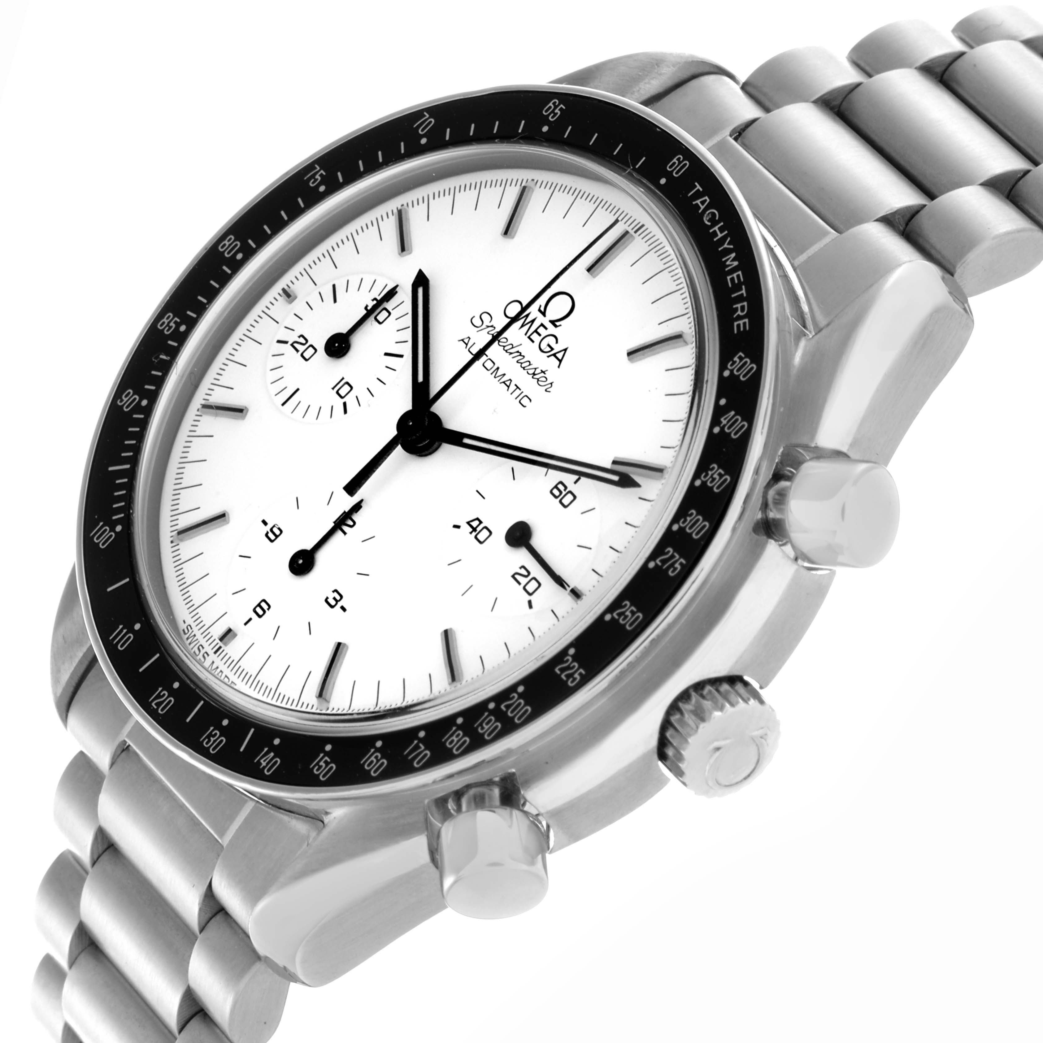 The Omega Speedmaster ST175.0032 Men
s Stainless Steel White Dial ST175.0032 Men
s Stainless Steel White Dial watch is shown at an angle highlighting the face, bezel, crown, pushers, and bracelet.