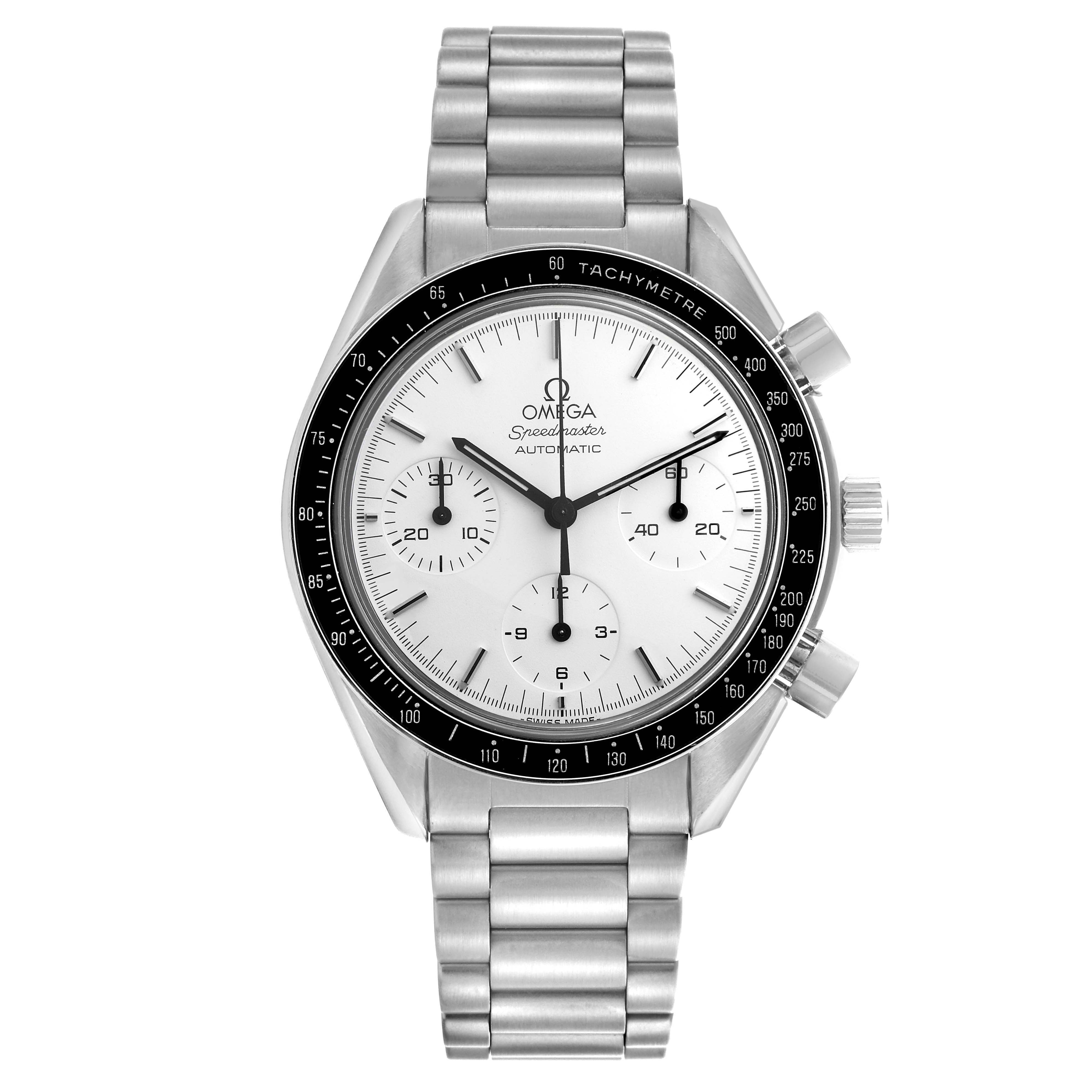 The Omega Speedmaster ST175.0032 Men
s Stainless Steel White Dial ST175.0032 Men
s Stainless Steel White Dial watch is shown from the front, highlighting the dial, bezel, pushers, and part of the bracelet.