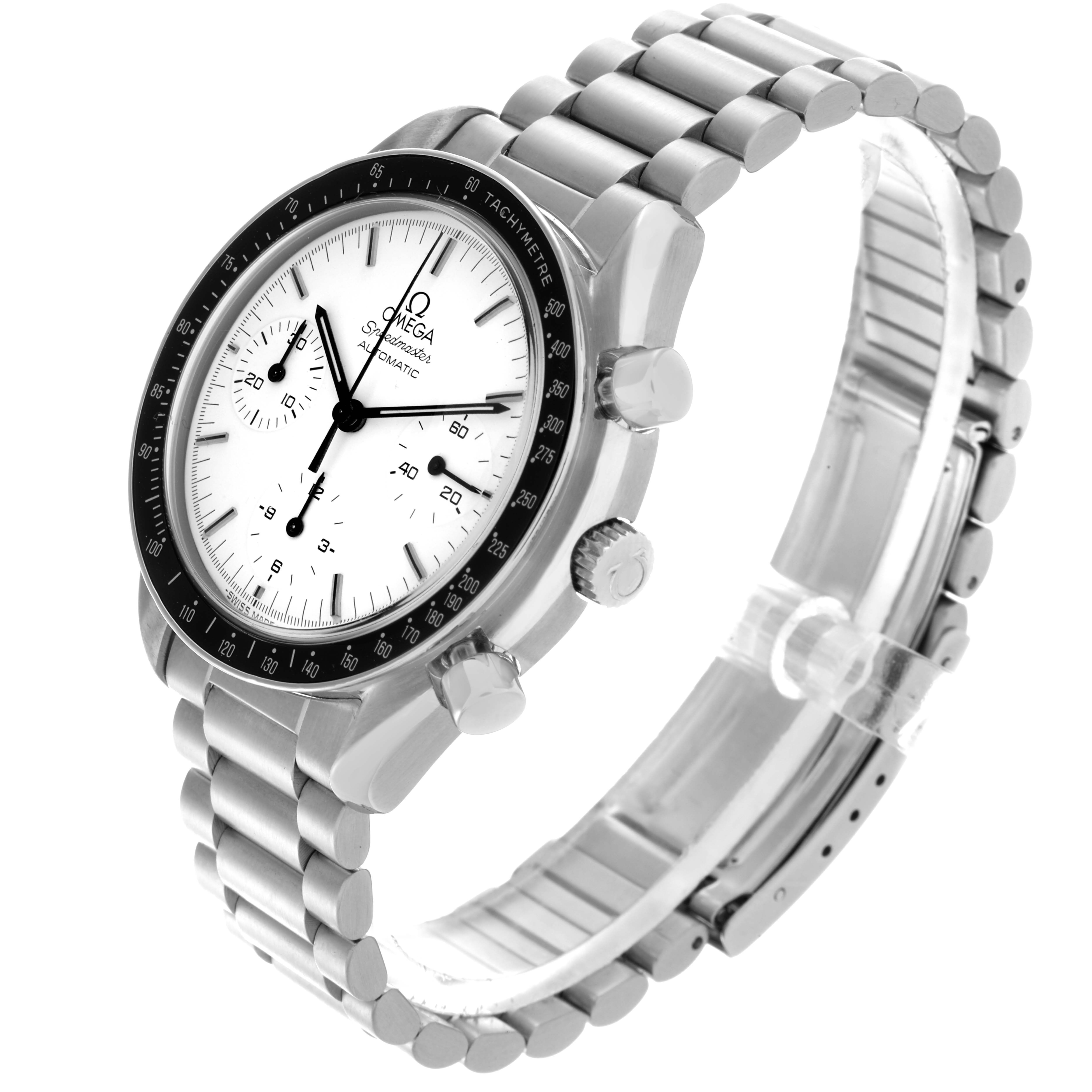 The Omega Speedmaster ST175.0032 Men
s Stainless Steel White Dial ST175.0032 Men
s Stainless Steel White Dial watch is shown in a side angle, highlighting the face, bezel, crown, pushers, and stainless steel bracelet.