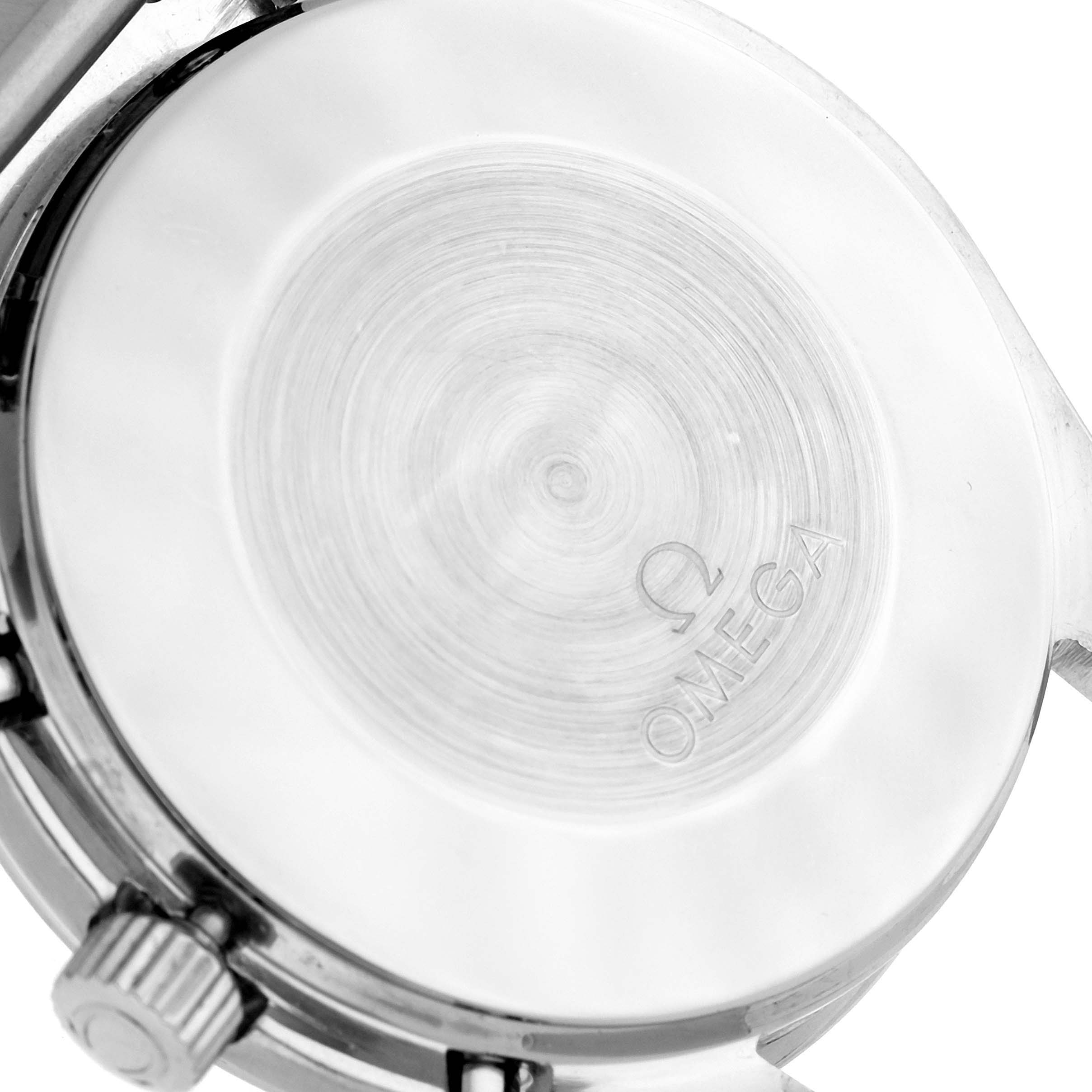 The image shows the back case of an Omega Speedmaster ST175.0032 Men
s Stainless Steel White Dial ST175.0032 Men
s Stainless Steel White Dial watch, highlighting the engraved Omega logo and branding.