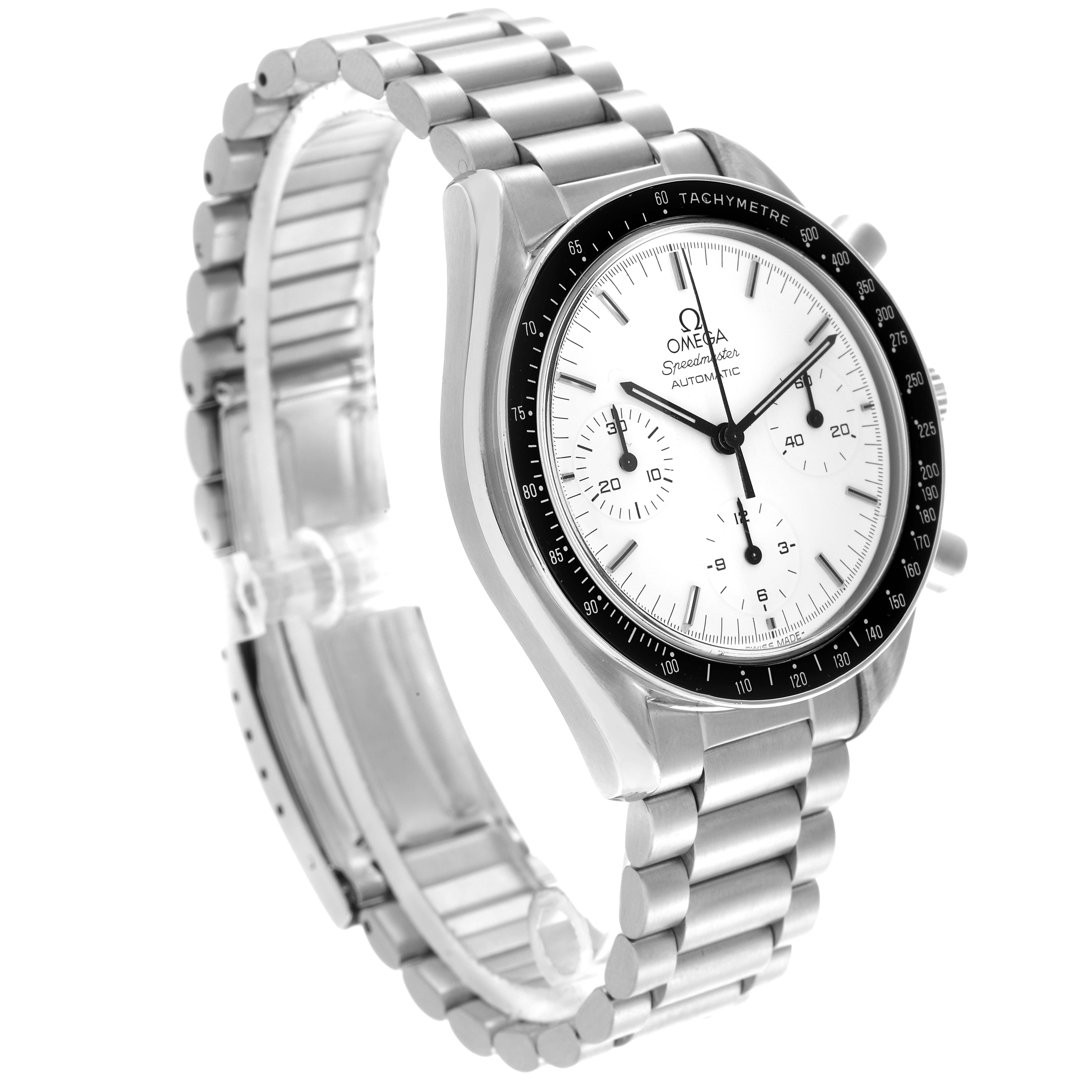 The Omega Speedmaster ST175.0032 Men
s Stainless Steel White Dial ST175.0032 Men
s Stainless Steel White Dial watch is shown at an angled side view, highlighting its face, bezel, pushers, and bracelet.