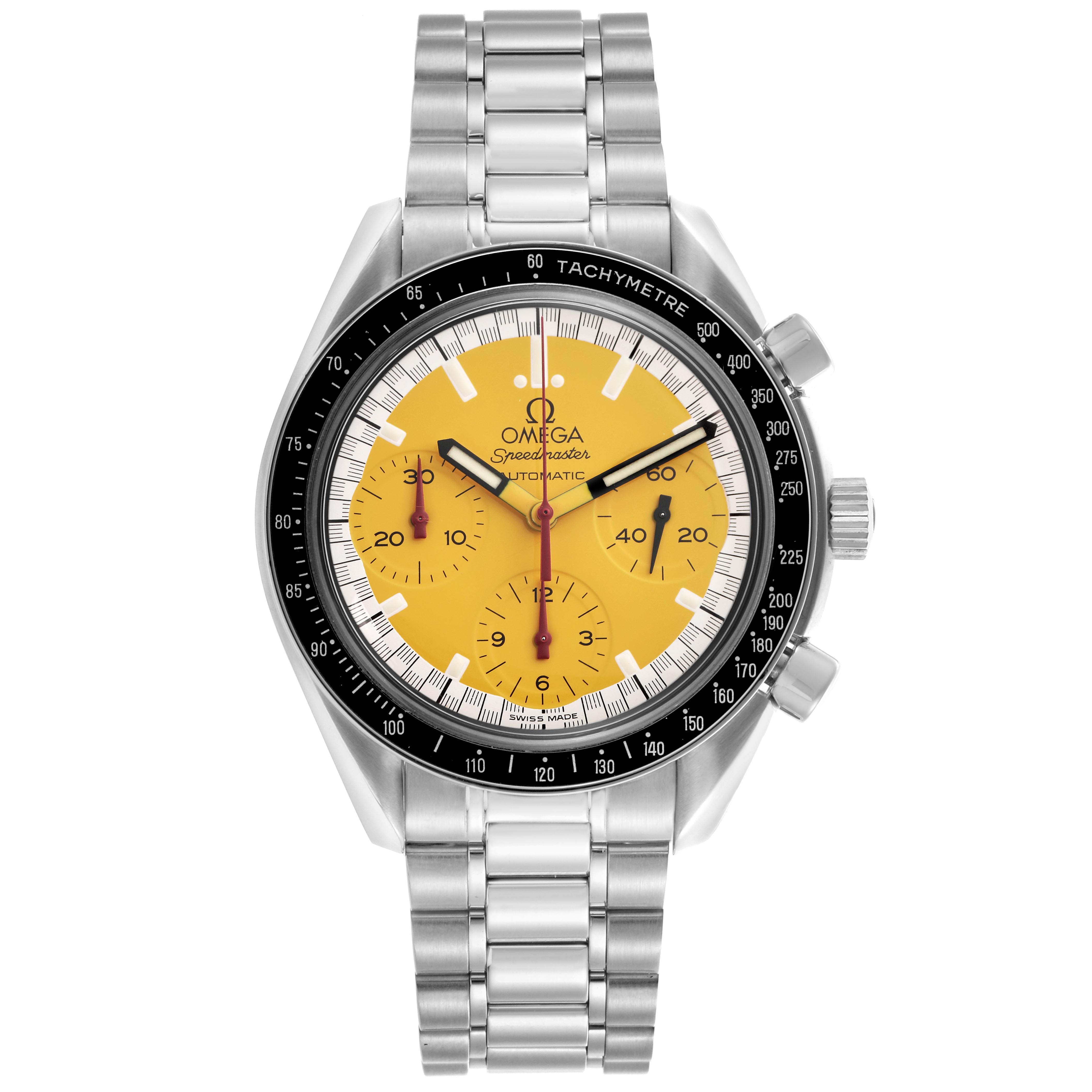 The Omega Speedmaster 3510.12.00 Men
s Stainless Steel Yellow Dial 3510.12.00 Men
s Stainless Steel Yellow Dial watch is shown from a front angle, highlighting its dial, bezel, and metal bracelet.