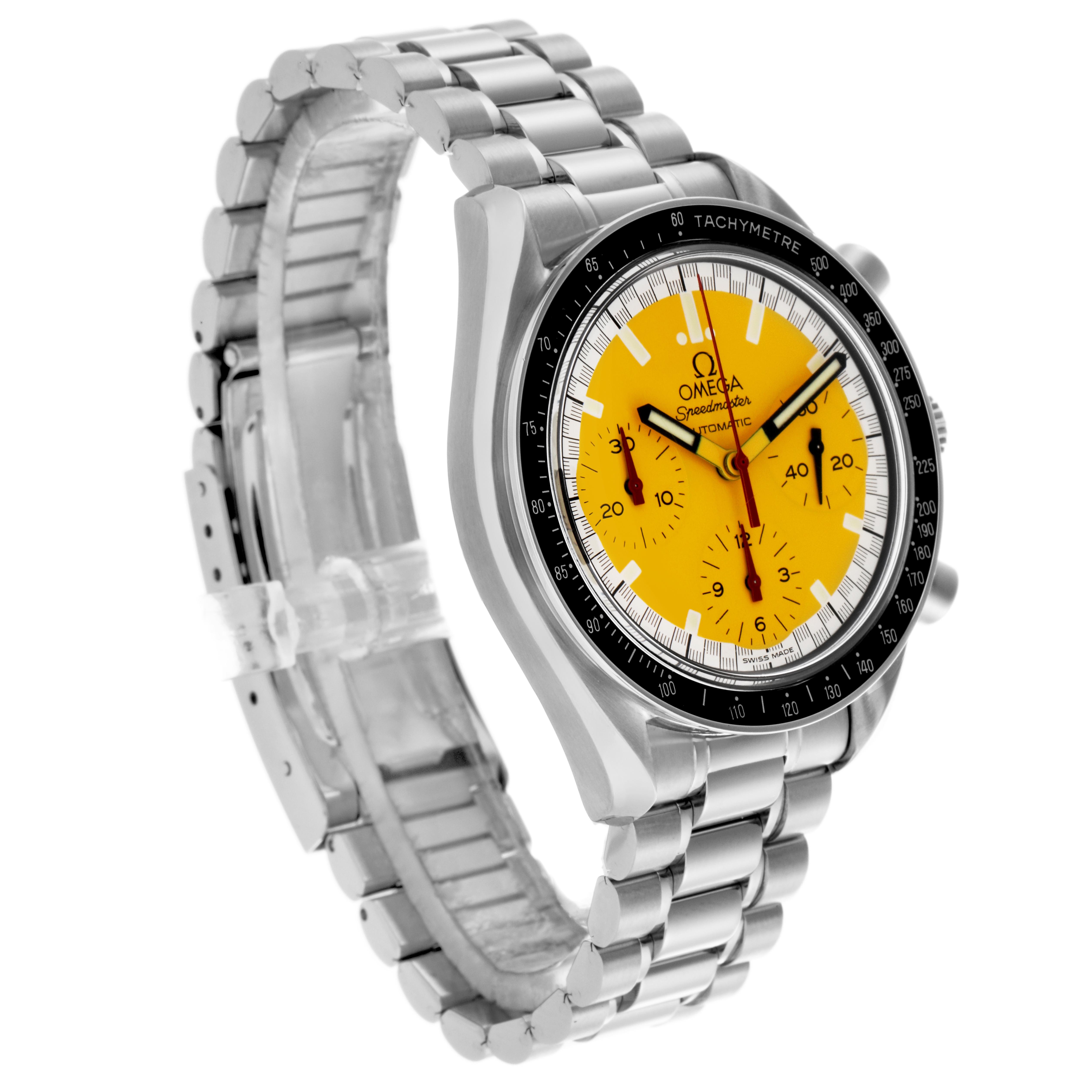 The Omega Speedmaster 3510.12.00 Men
s Stainless Steel Yellow Dial 3510.12.00 Men
s Stainless Steel Yellow Dial watch is shown from a three-quarter front angle, highlighting its yellow dial, tachymeter bezel, and stainless steel bracelet.