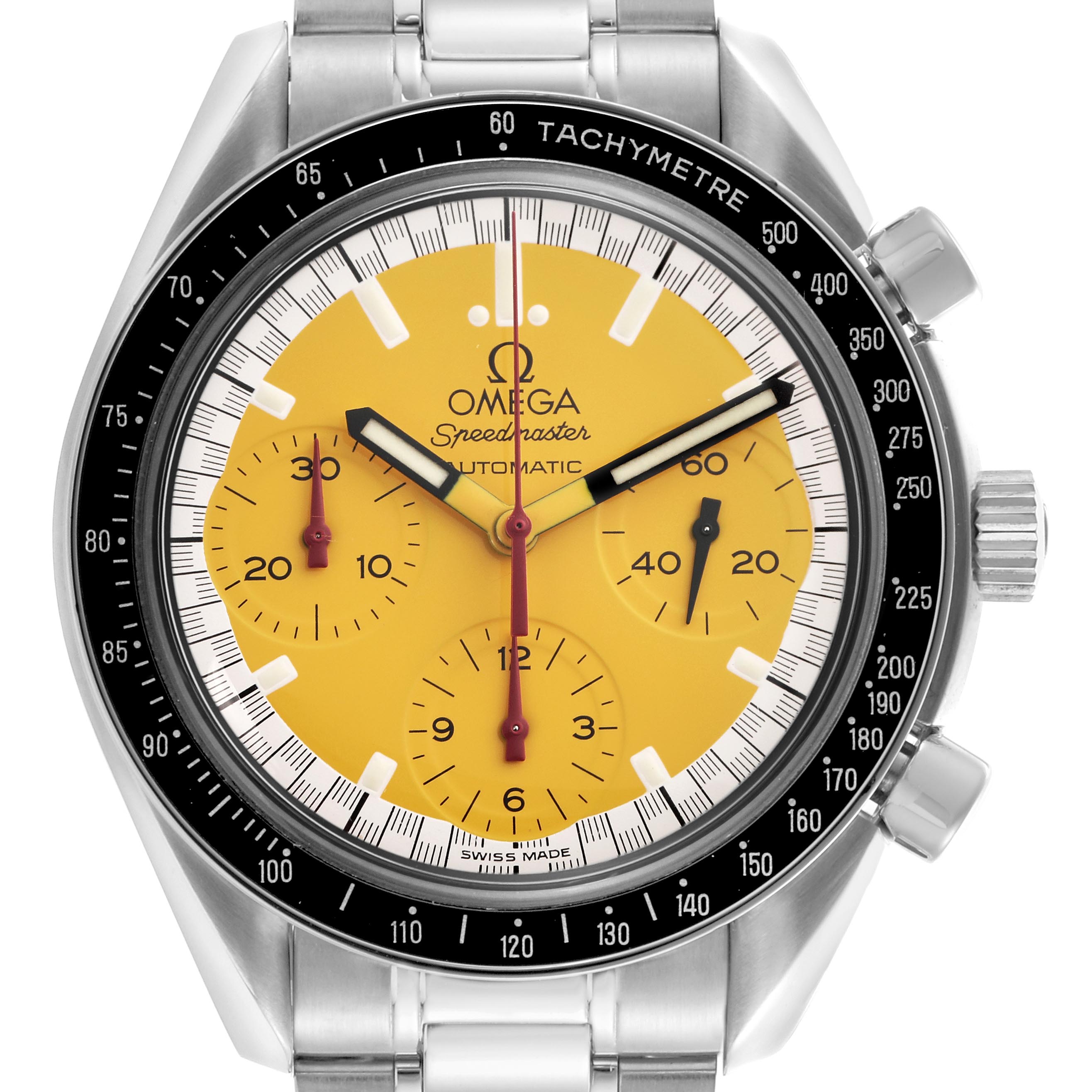 The image shows a front view of an Omega Speedmaster 3510.12.00 Men
s Stainless Steel Yellow Dial 3510.12.00 Men
s Stainless Steel Yellow Dial, highlighting its dial, bezel, subdials, and tachymeter.
