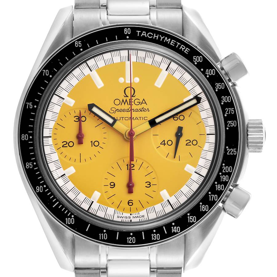 The image shows a front view of an Omega Speedmaster, highlighting its dial, bezel, subdials, and tachymeter.
