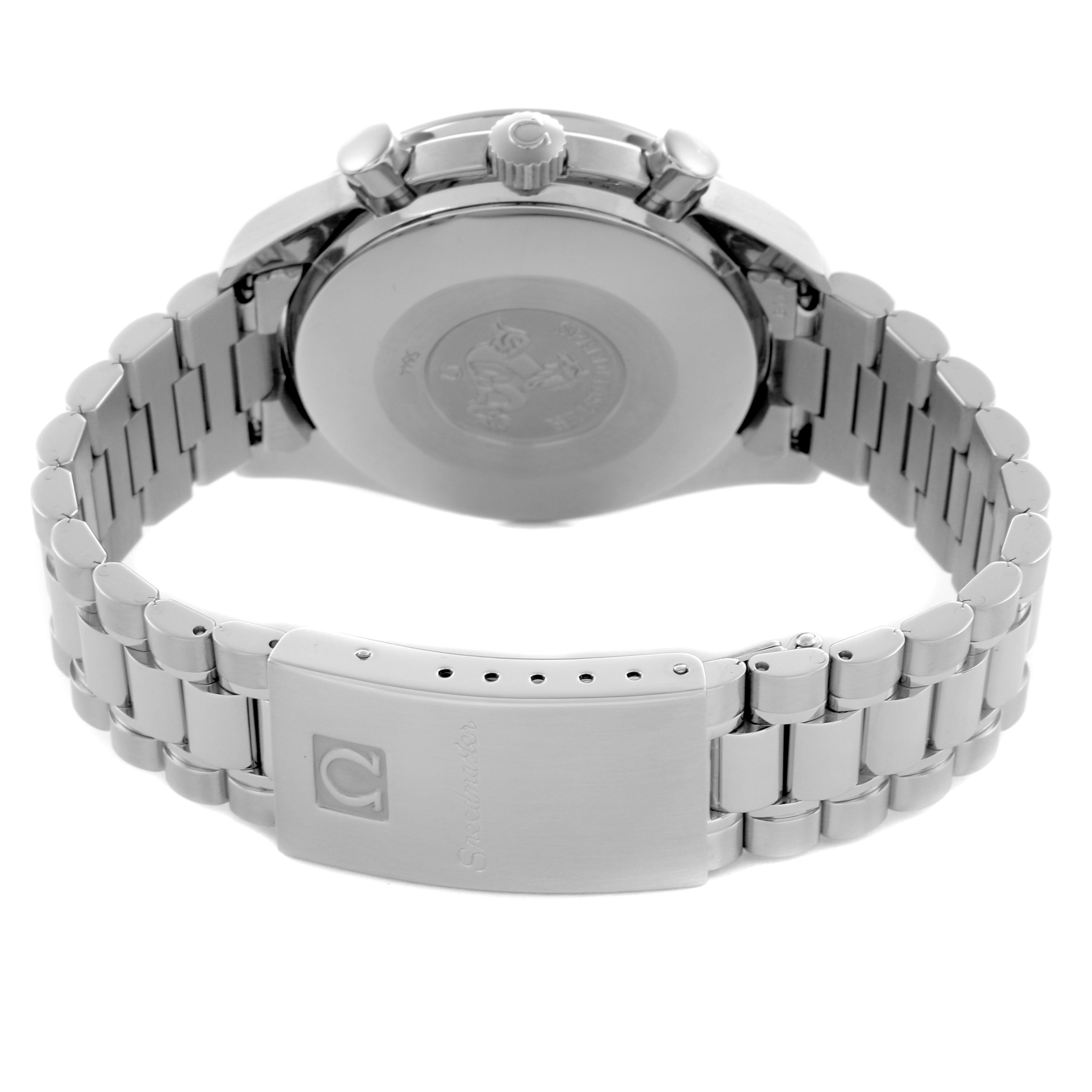 The image shows the back case and metal bracelet of the Omega Speedmaster 3510.12.00 Men
s Stainless Steel Yellow Dial 3510.12.00 Men
s Stainless Steel Yellow Dial watch, highlighting the clasp and pushers.