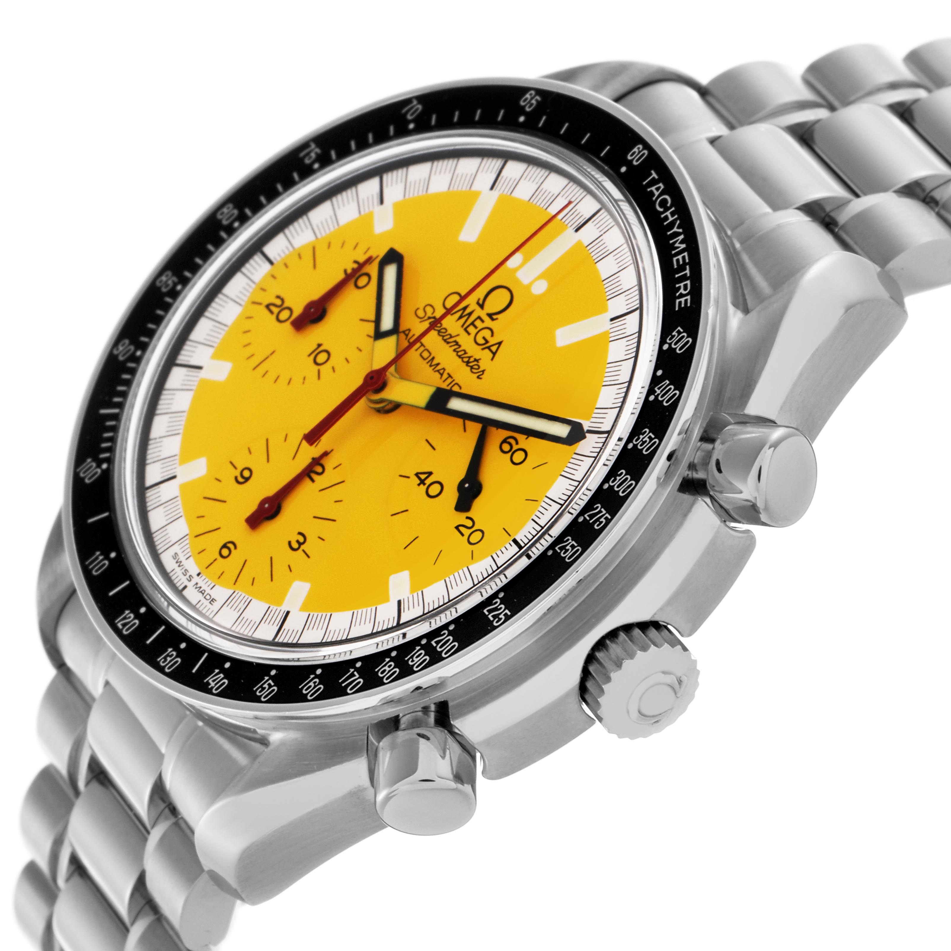 The Omega Speedmaster 3510.12.00 Men
s Stainless Steel Yellow Dial 3510.12.00 Men
s Stainless Steel Yellow Dial watch is shown at an angle highlighting the yellow dial, tachymeter bezel, and stainless steel bracelet.