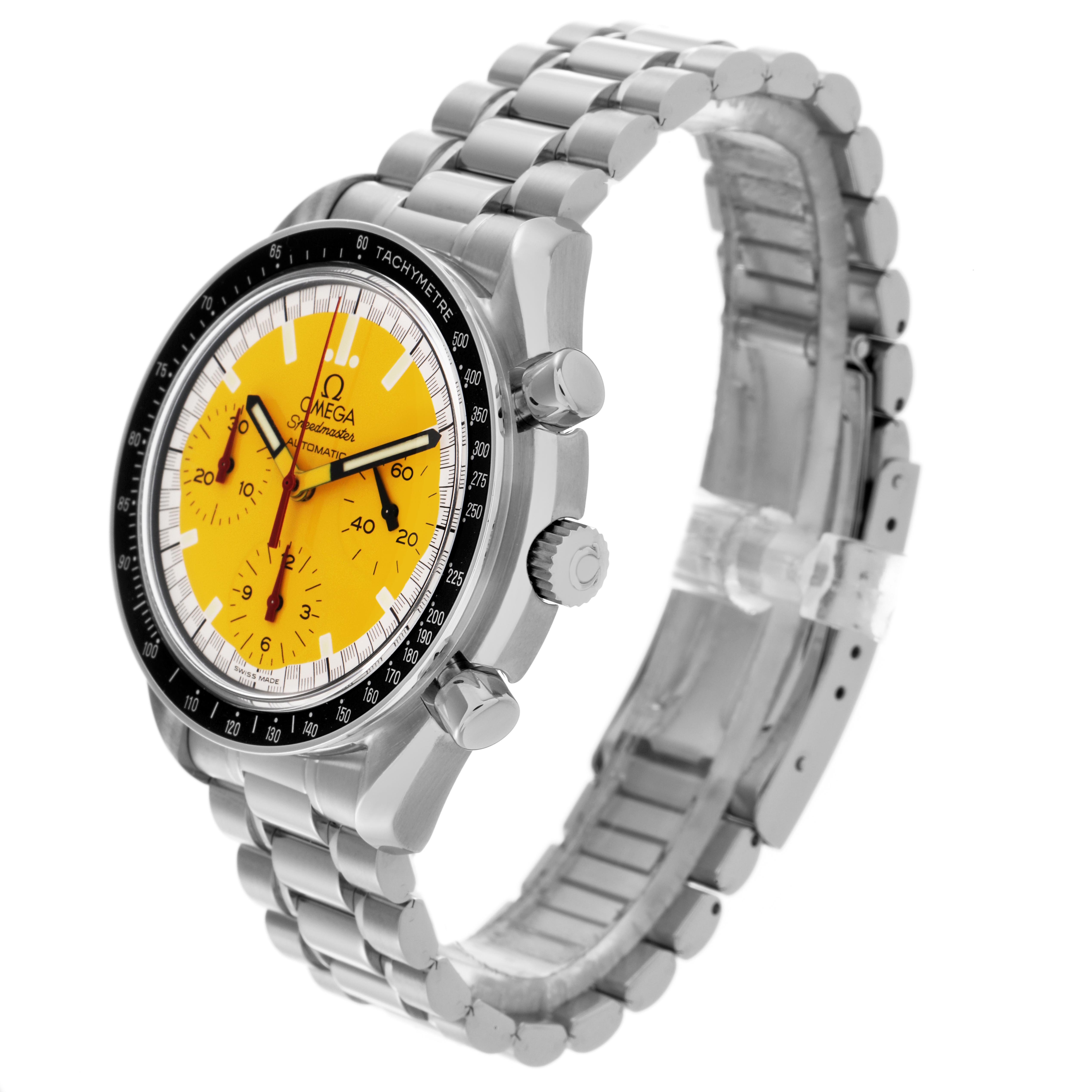 The Omega Speedmaster 3510.12.00 Men
s Stainless Steel Yellow Dial 3510.12.00 Men
s Stainless Steel Yellow Dial is shown at an angle highlighting its bracelet, crown, bezel, and vibrant yellow dial.