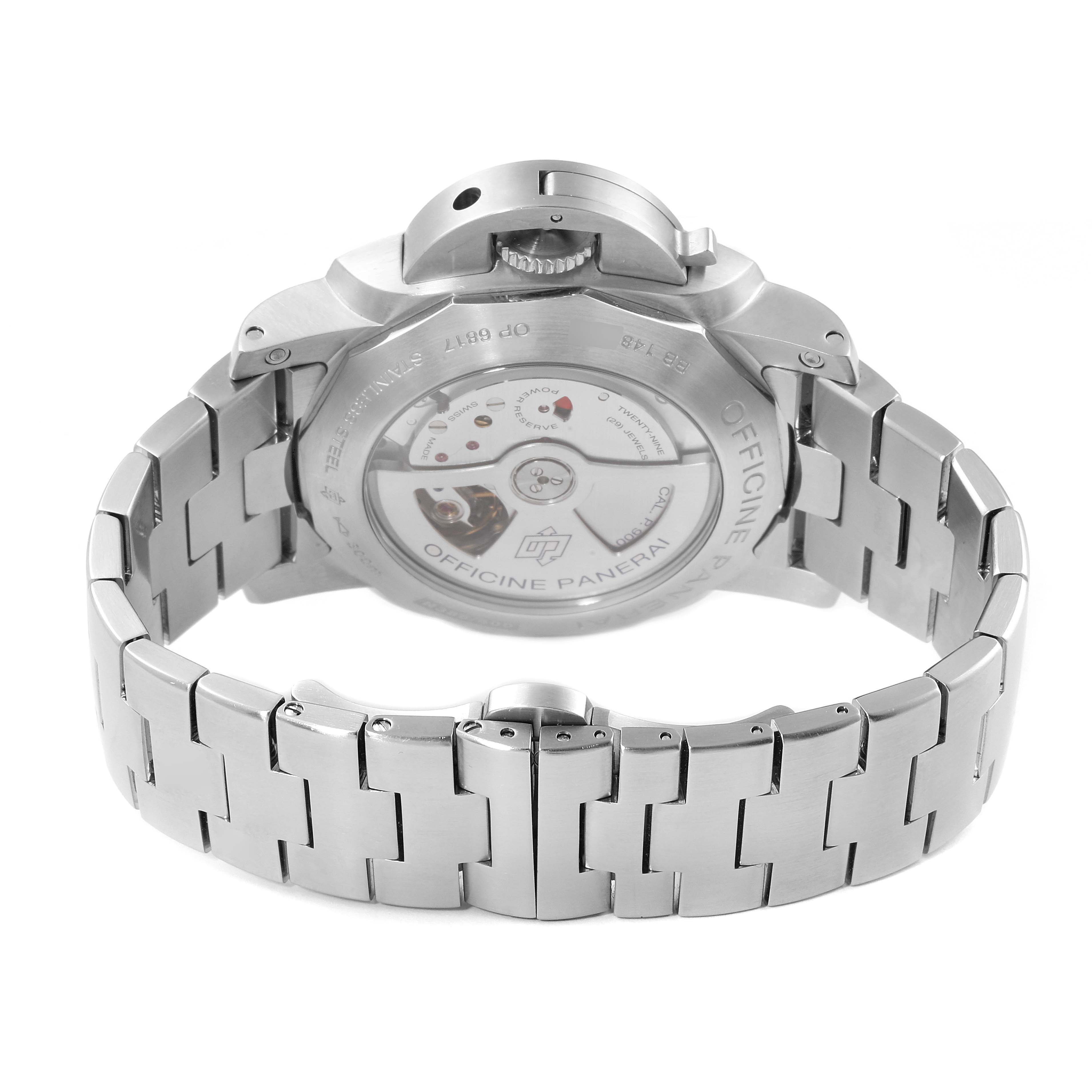 The image shows the back view of a Panerai Luminor PAM00329 Men
s Stainless Steel Black Dial PAM00329 Men
s Stainless Steel Black Dial watch, highlighting its open case back and stainless steel bracelet.