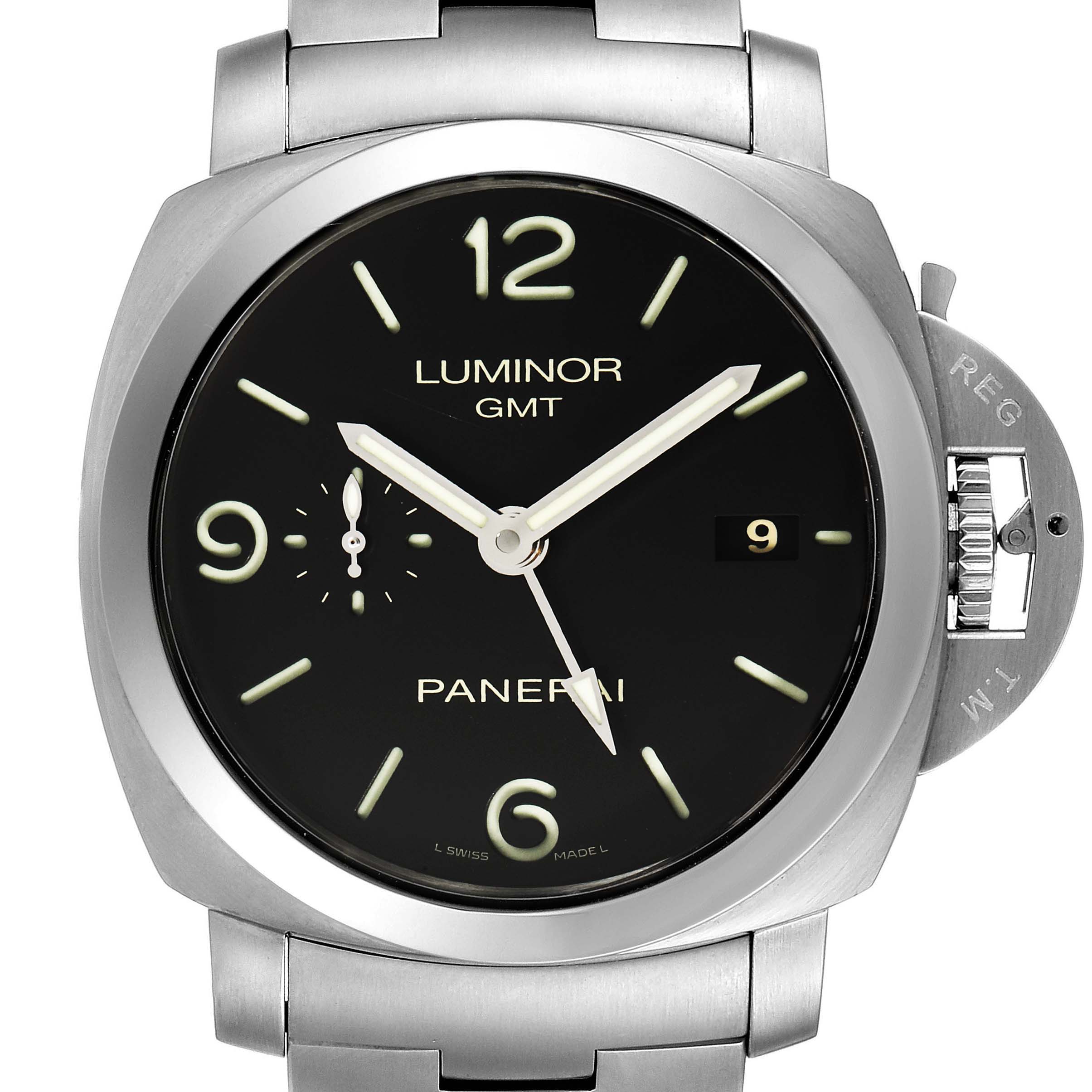 The image shows a front view of the Panerai Luminor PAM00329 Men
s Stainless Steel Black Dial PAM00329 Men
s Stainless Steel Black Dial GMT watch, highlighting the dial, hands, and part of the bracelet.