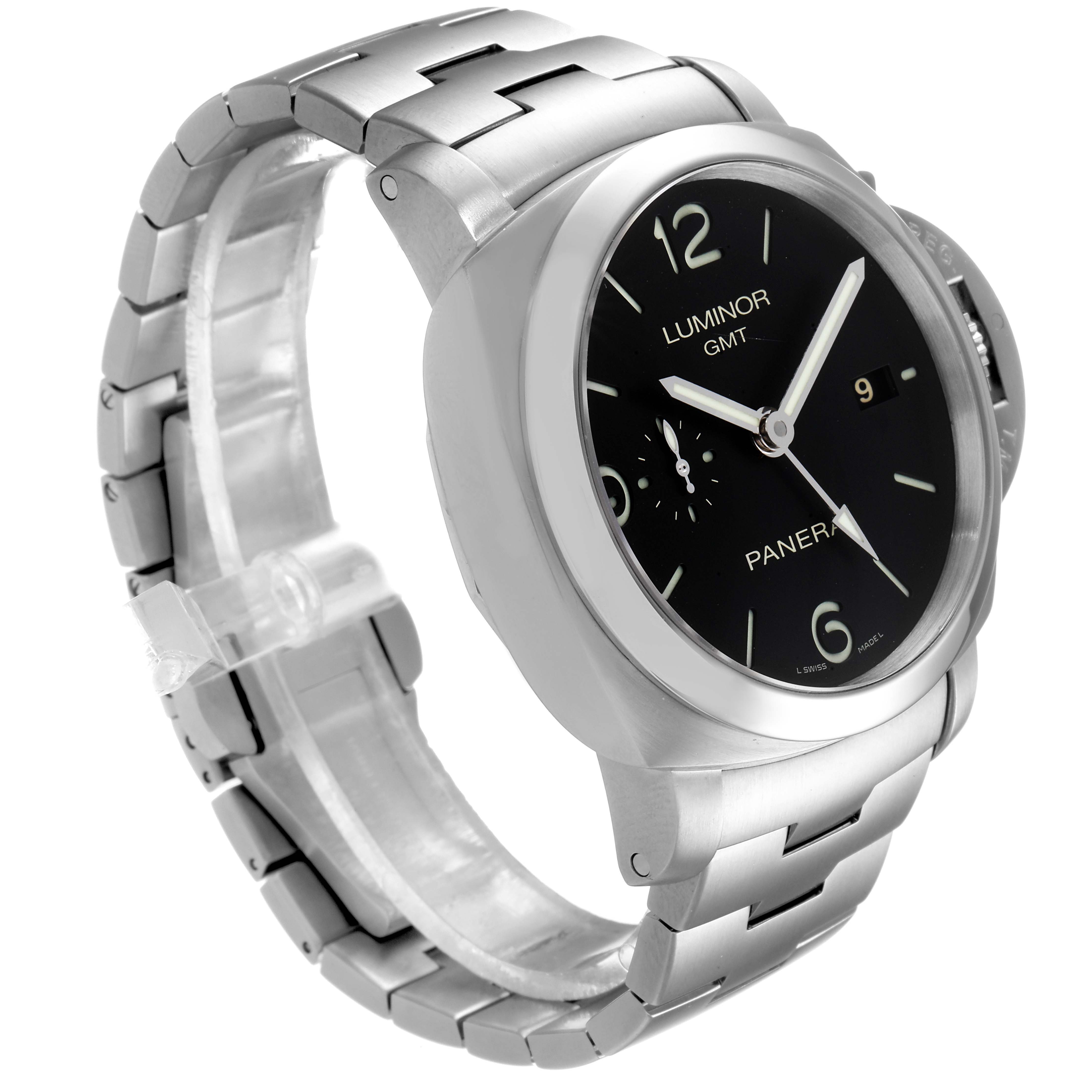 The image shows a Panerai Luminor PAM00329 Men
s Stainless Steel Black Dial PAM00329 Men
s Stainless Steel Black Dial GMT watch at an angle, highlighting its black dial, stainless steel case, and bracelet.