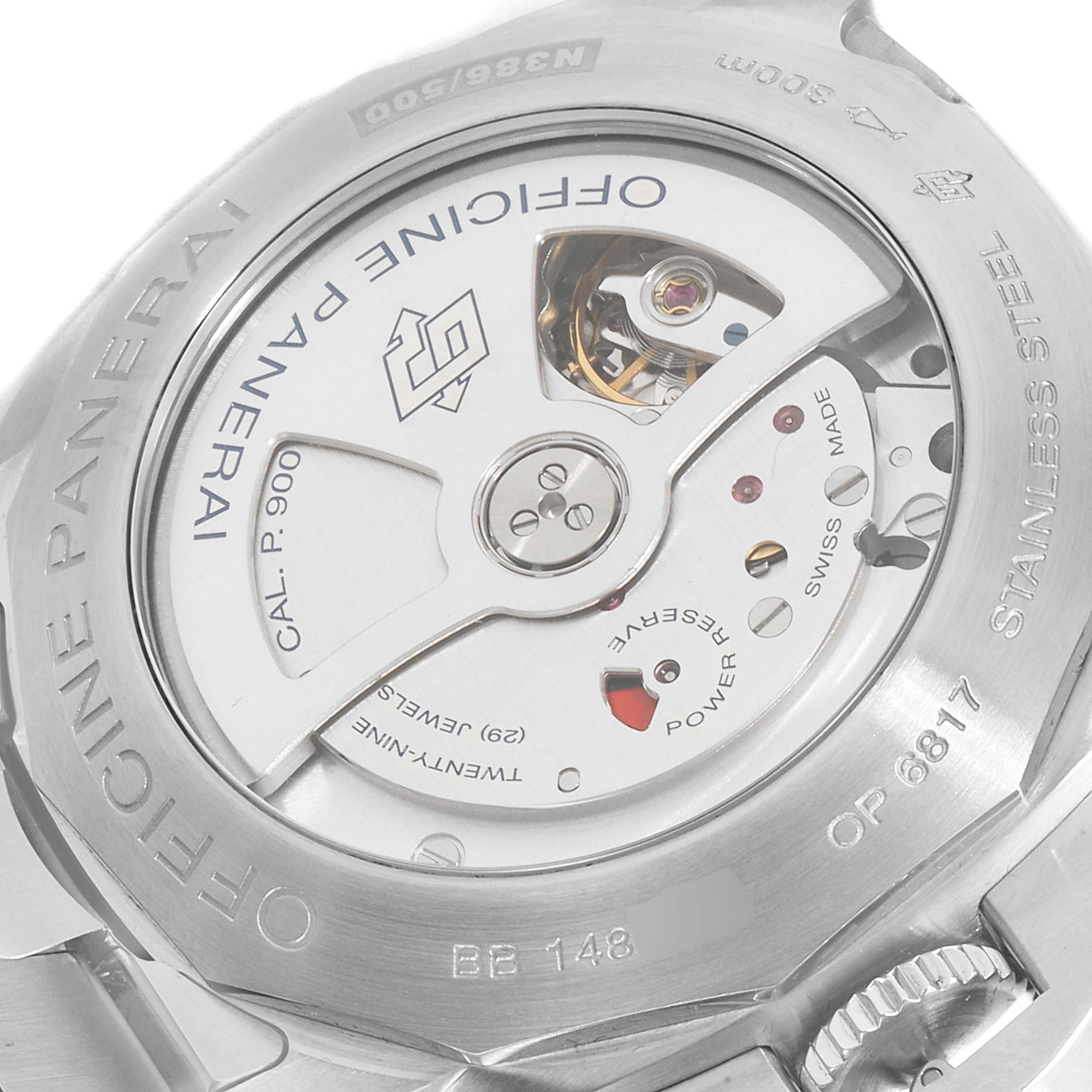 The image shows the back view of a Panerai Luminor PAM00329 Men
s Stainless Steel Black Dial PAM00329 Men
s Stainless Steel Black Dial watch, highlighting its movement and transparent case back.