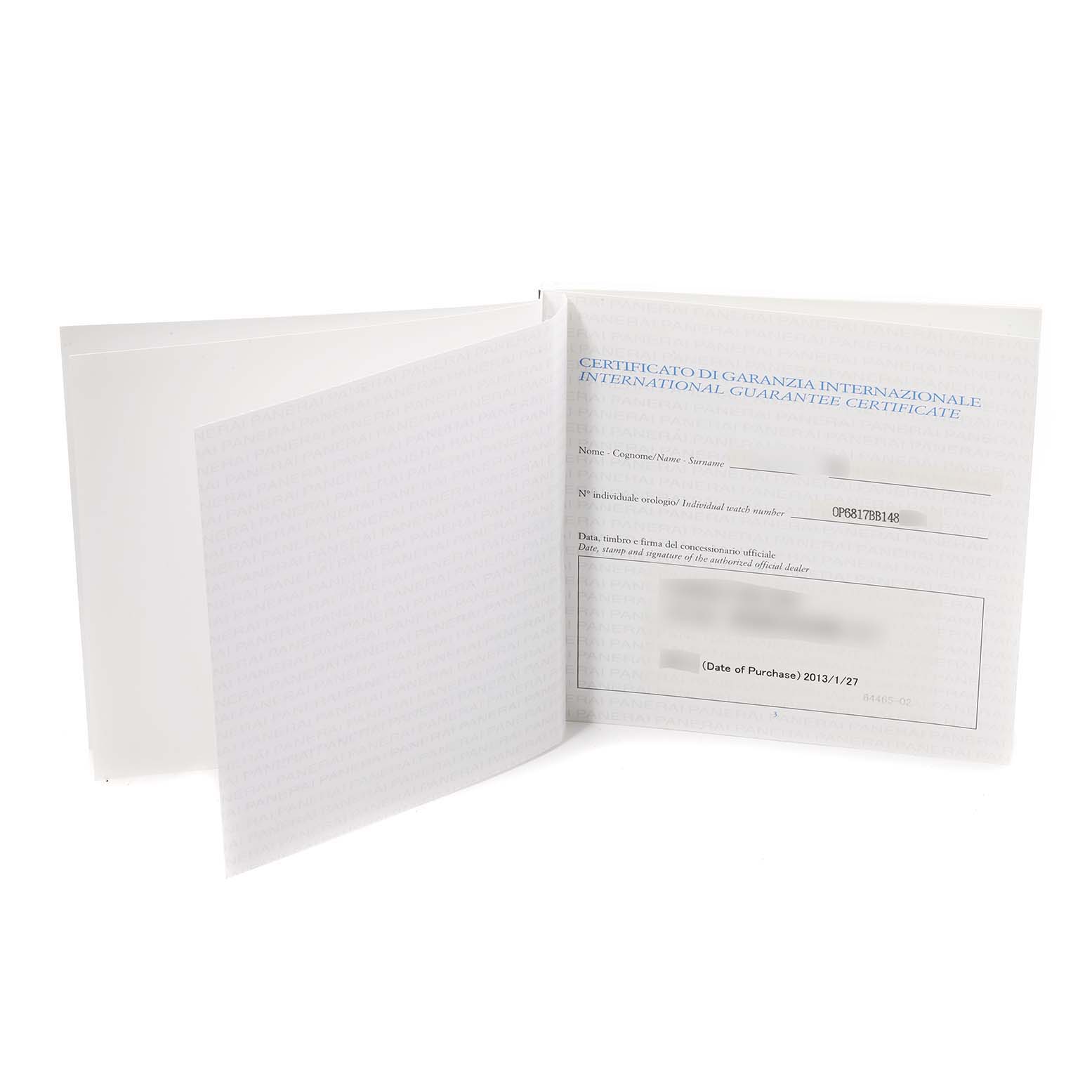 The image shows the international guarantee certificate book for a Panerai Luminor PAM00329 Men
s Stainless Steel Black Dial PAM00329 Men
s Stainless Steel Black Dial watch.