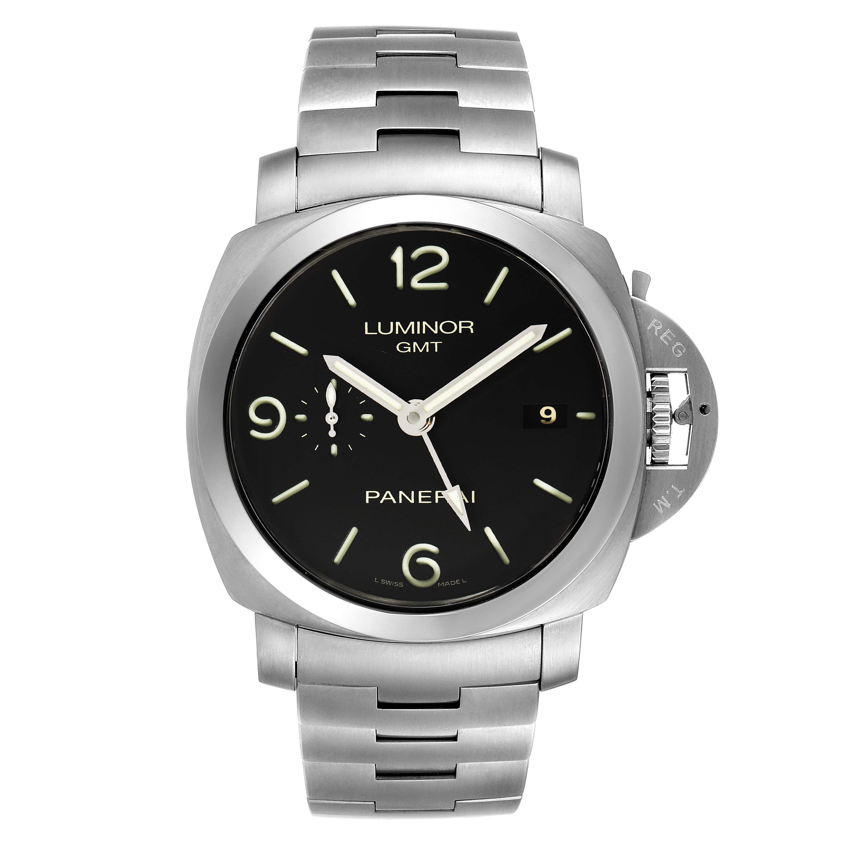 This image shows a front view of a Panerai Luminor PAM00329 Men
s Stainless Steel Black Dial PAM00329 Men
s Stainless Steel Black Dial GMT watch with a stainless steel bracelet.