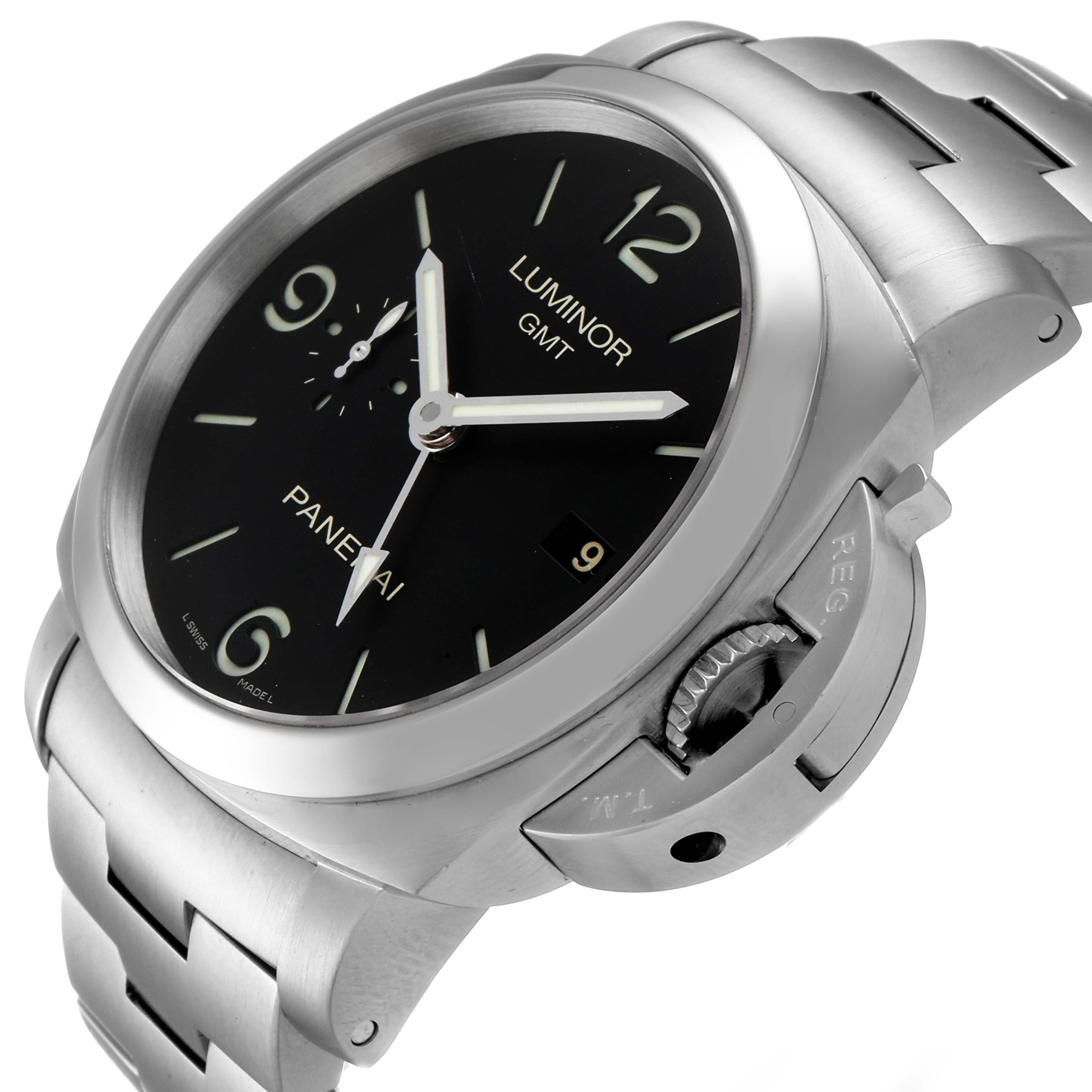 This Panerai Luminor PAM00329 Men
s Stainless Steel Black Dial PAM00329 Men
s Stainless Steel Black Dial GMT watch is shown from an angled top view, highlighting the dial, case, and metal bracelet.